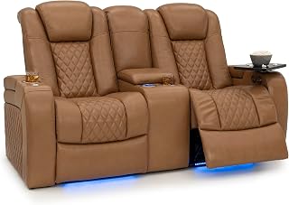 Seatcraft Anthem Italian Leather Loveseat w/Storage Console, Living Room, Power Headrest, Power Recline, Tan Oak