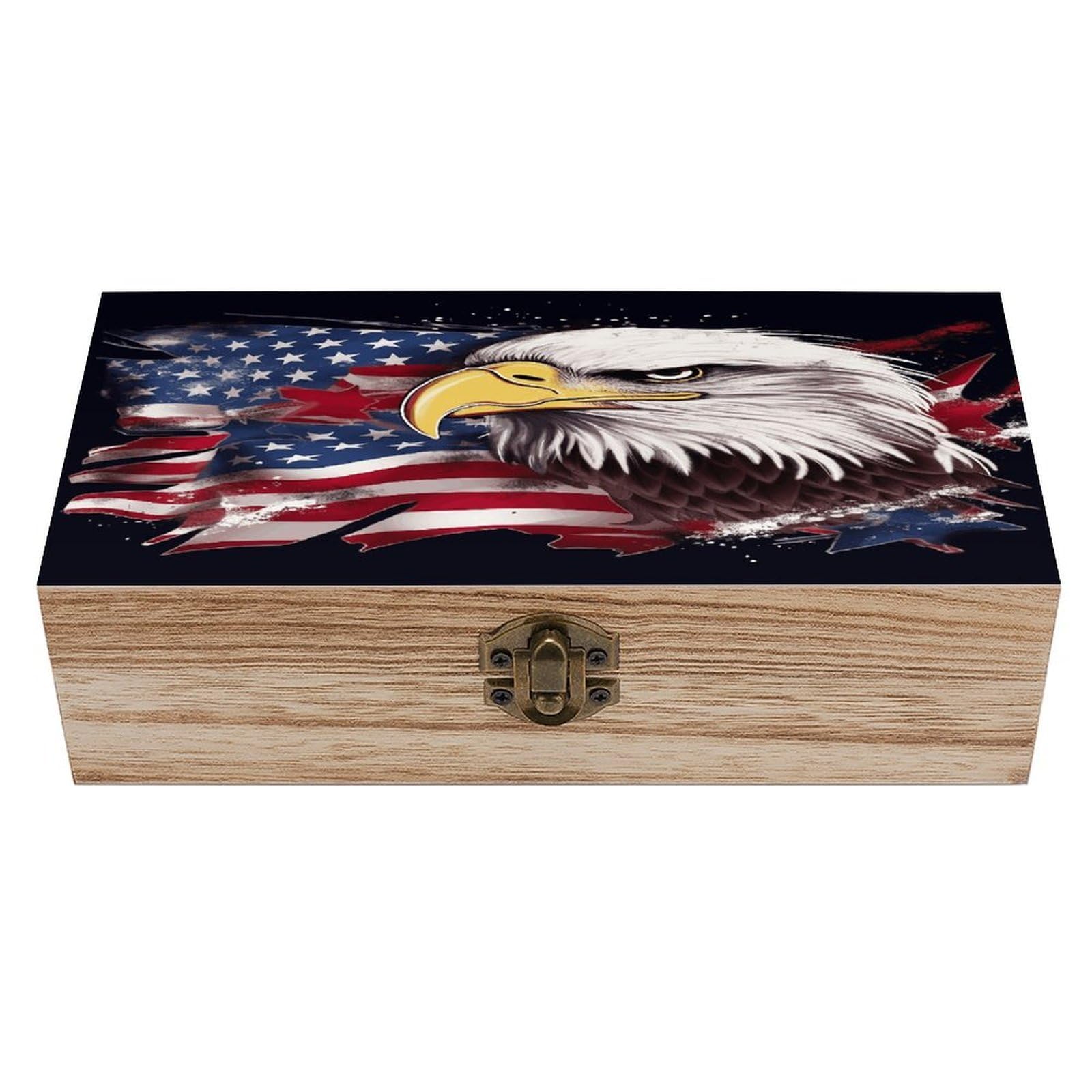 VstaDank America US Flag Bald Eagle Wooden Storage Box Wooden Keepsake Box with A Hinged Lid Fashion Memory Treasure Boxes Decorative Jewelry Case for Crafts Photo Home Decor Wood Gift Box