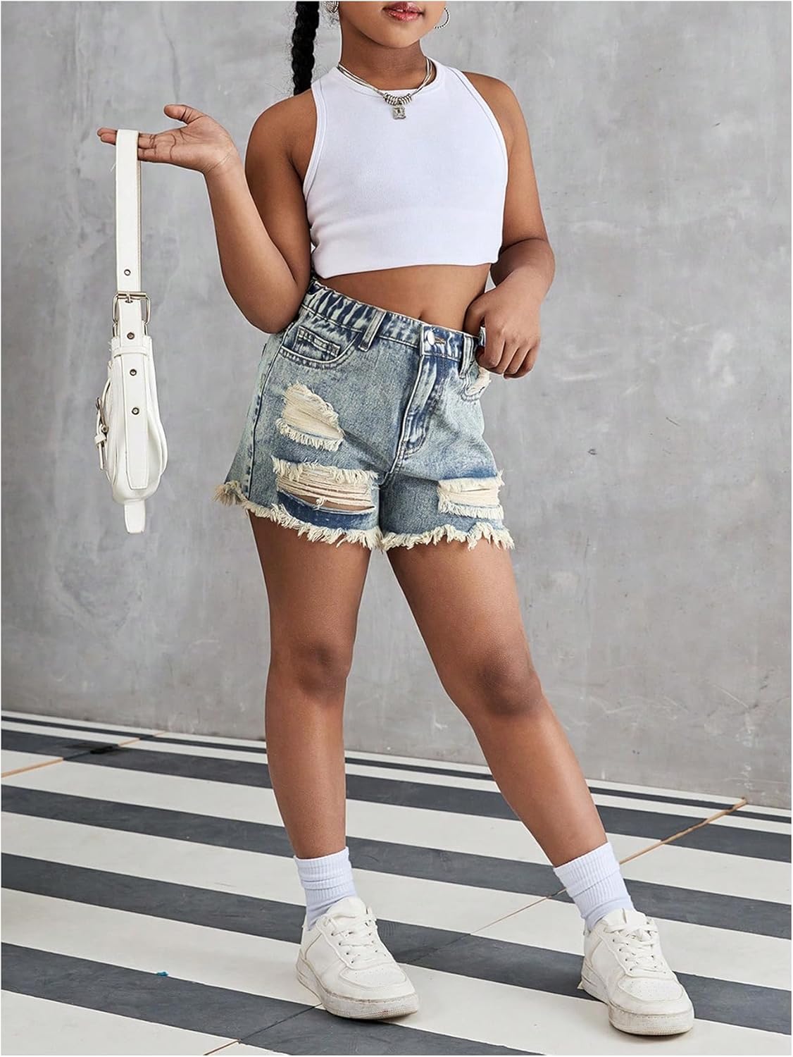 OYOANGLE Girl's Vintage Ripped Denim Shorts Cutoff Raw Hem Jean Shorts with Pocket - Image 5