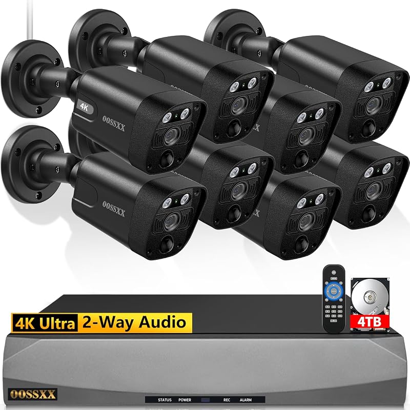 OOSSXX 4K PoE Wired Outdoor Video Surveillance IP Cameras Security System | PIR & AI Human Detection, 130° Ultra Wide Angle, 2-Way Audio, No Monthly Fee, Remote Control, 4TB HDD, 60-Day Recording