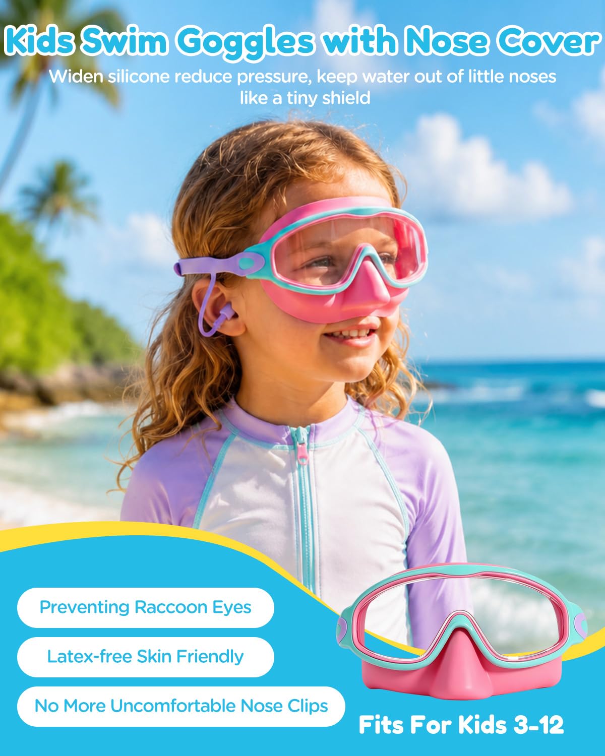 Lot de 2 lunettes de natation pour enfants avec cache-nez, large vue, protection UV, masque de natation pour garçons et filles de 3 à 14 ans