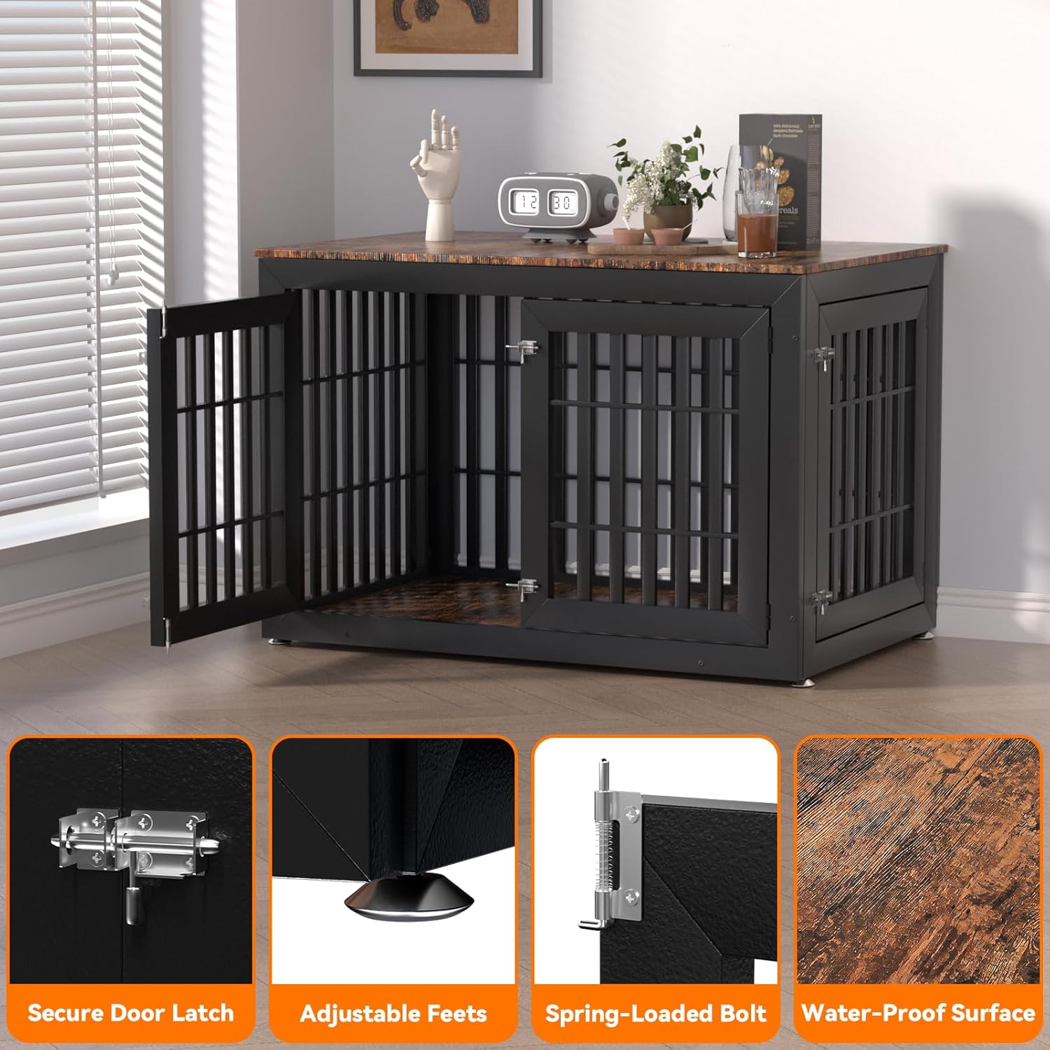 48" Heavy Duty Dog Crate Furniture for Small,Medium and Large Dogs,Rustic Wooden Dog Cage Kennel Indoor Furniture with Waterproof Top,Decorative Pet House Side End Table (Black & Wood)