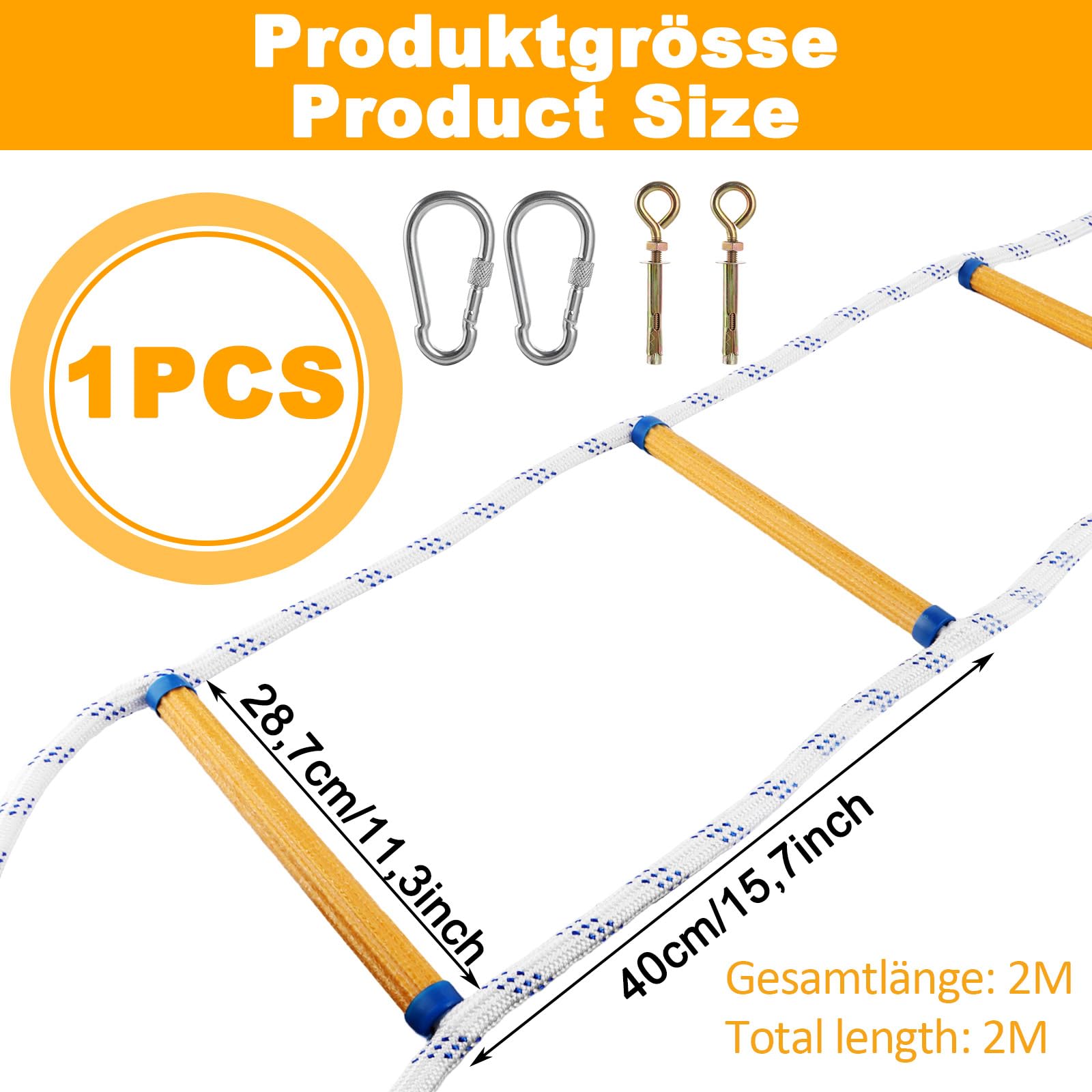 Échelle De Corde 2 m avec Crochets De Fixation | 2 m, Orange et Blanc, Barreaux 28 cm, Polypropylène, Résine, 2 Crochets, 2 Anneaux, Pliable, Portable
