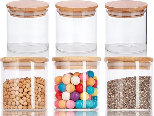 JUVITUS Tarro de borosilicato de vidrio transparente de 10 onzas con tapa sellada de silicona de bambú (paquete de 6) para almacenamiento de