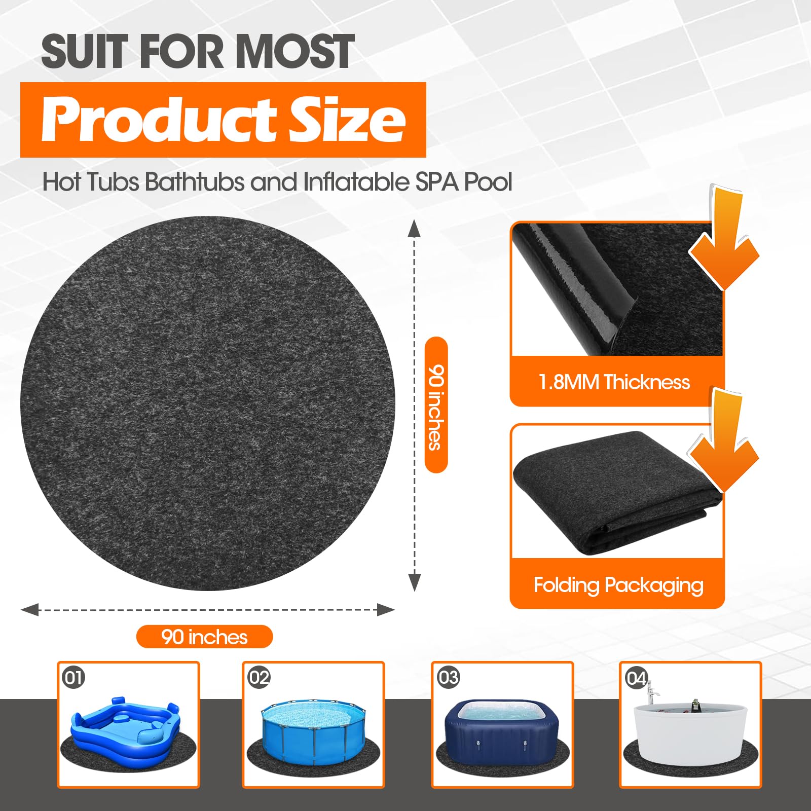 Tapis De Bain à Remous Rond 145 Pouces – Tapis Piscine Hors Sol Antidérapant Absorbant Pour Spa Extérieur Intérieur
