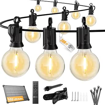 Brightown 208FT 102LED Solar String Lights Outdoor with Remote & USB Port