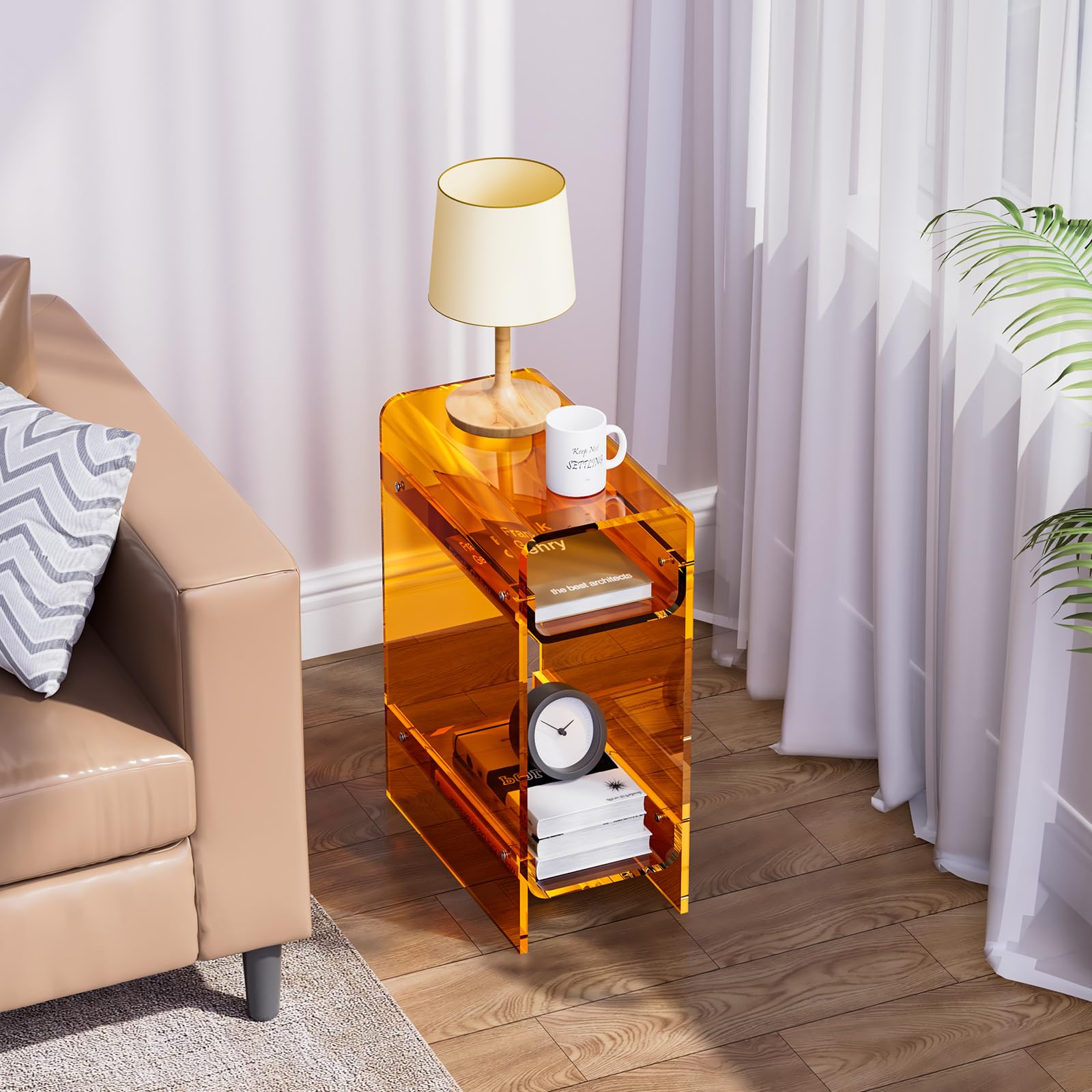 Beistelltisch aus transparentem Acryl, schmal, schmaler Beistelltisch für kleine Räume, schmaler Nachttisch, Nachttisch für Schlafzimmer, Wohnzimmer, Büro (Orange, 22×40×55cm)