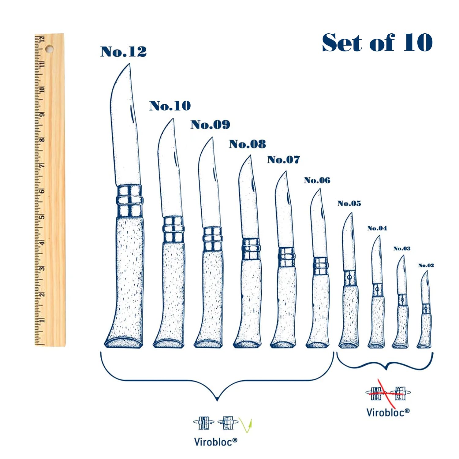 Opinel - Coffret Collection 10 Couteaux de Poche - N°02, 03, 04, 05, 06, 07, 08, 09, 10 et 12 - Lame Acier Inox, Manche Bois de Hêtre - Fabrication Française