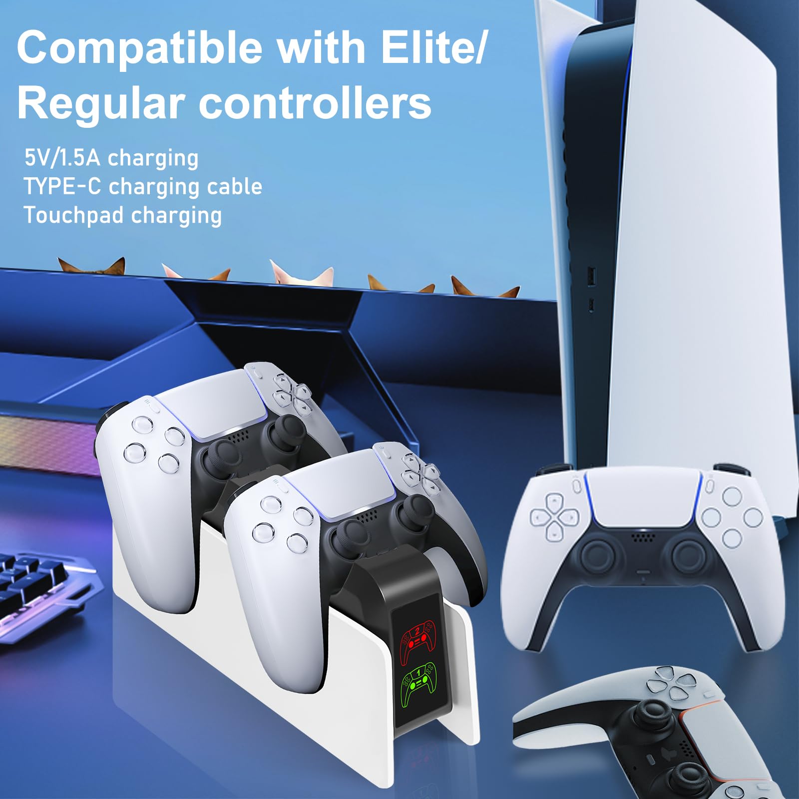 PS5 Controller Ladestation, PS5 Ladestation Controller mit LED Anzeige, 2 Std Schnellladung Ladestatio mit Typ-C Ladekabel für PlayStation 5 Edge, PS 5 Zubehör(Weiß)