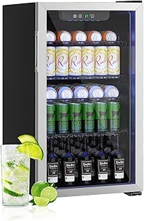 3.2 Cu.ft Beverage Refrigerator Cooler, 126 Can Mini Fridge with Glass Reversible Door, Digital Temperature Display for Soda, Beer or Wine For Office Bar with Adjustable Removable Shelves