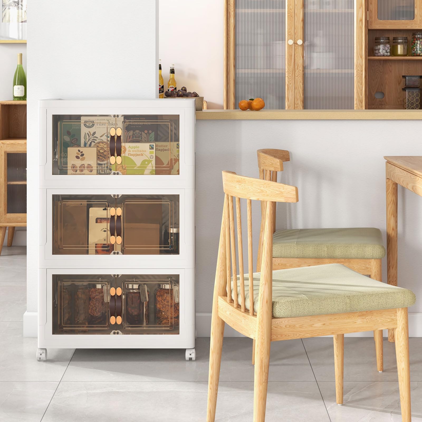 COSTWAY Cajas Almacenaje 105L, Juego de 3 Cajas Organizadoras Plastico con Ruedas Bloqueables, Baul Almacenaje Dormitorio con Tapas Plegables de PP, Cajas Plastico Transparente Apilable con Puertas