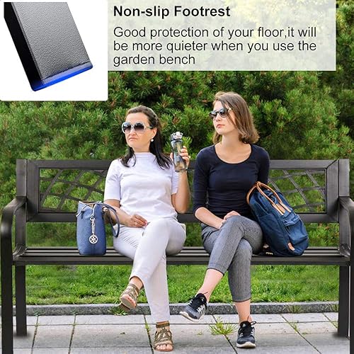 Miniatura 5 de Banco de jardín para patio, banco de parque al aire libre, marco de acero resistente, muebles de porche delantero de hierro fundido con patrón de