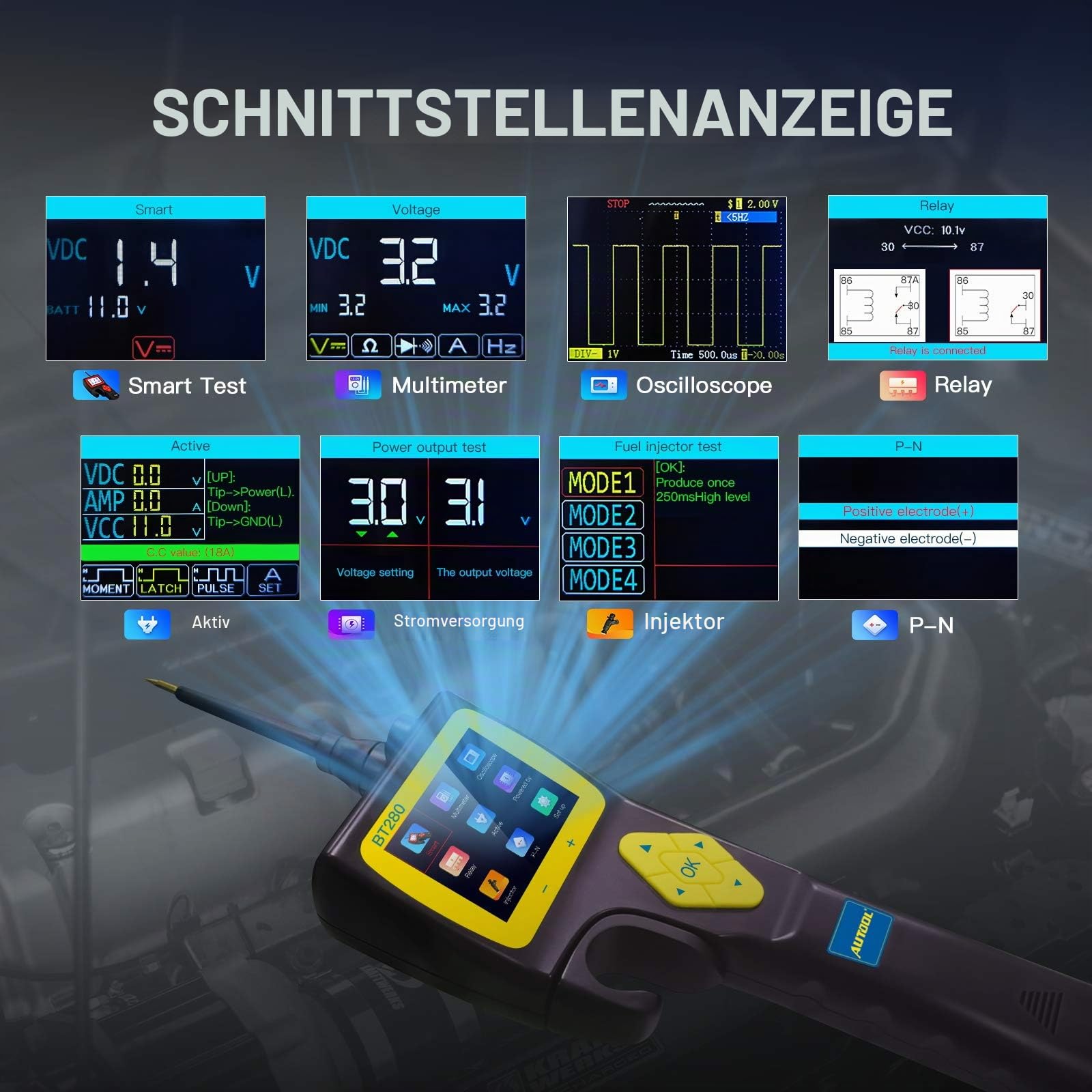 AUTOOL BT280 Schaltkreis Tester für elektrische Systeme, Werkzeuge für elektronische Systeme in Kraftfahrzeugen, Diagnosewerkzeug für elektrische Systeme mit 9 V bis 30 V und 2,4-Zoll-LCD-Display