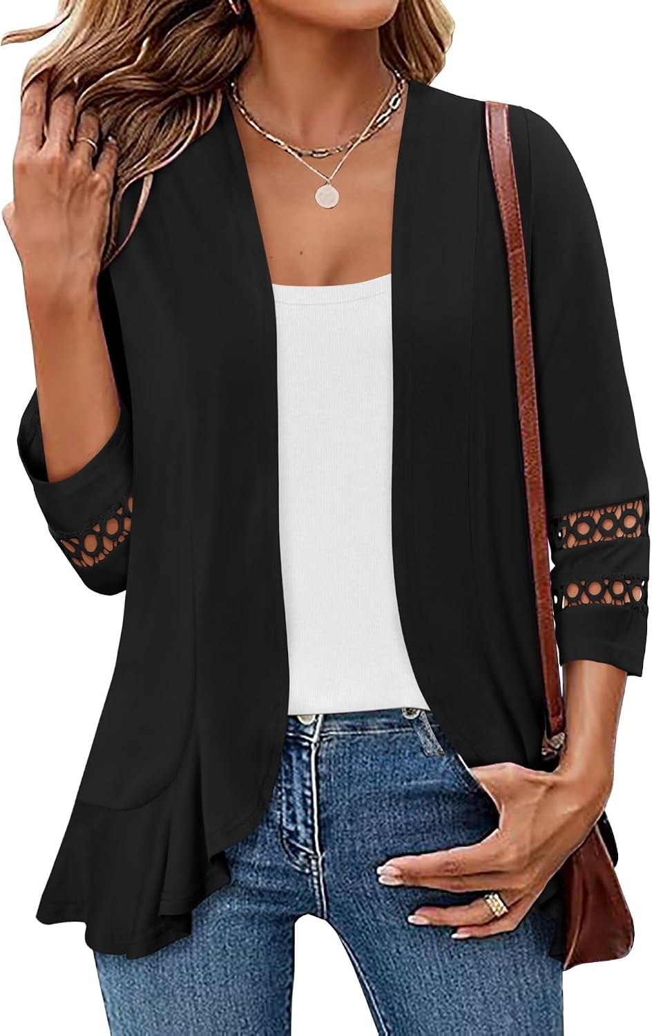 Magritta Womens Casual Open Front Cardigans Lightweight Soft Draped Ruffles 3/4 Sleeve Cardigan