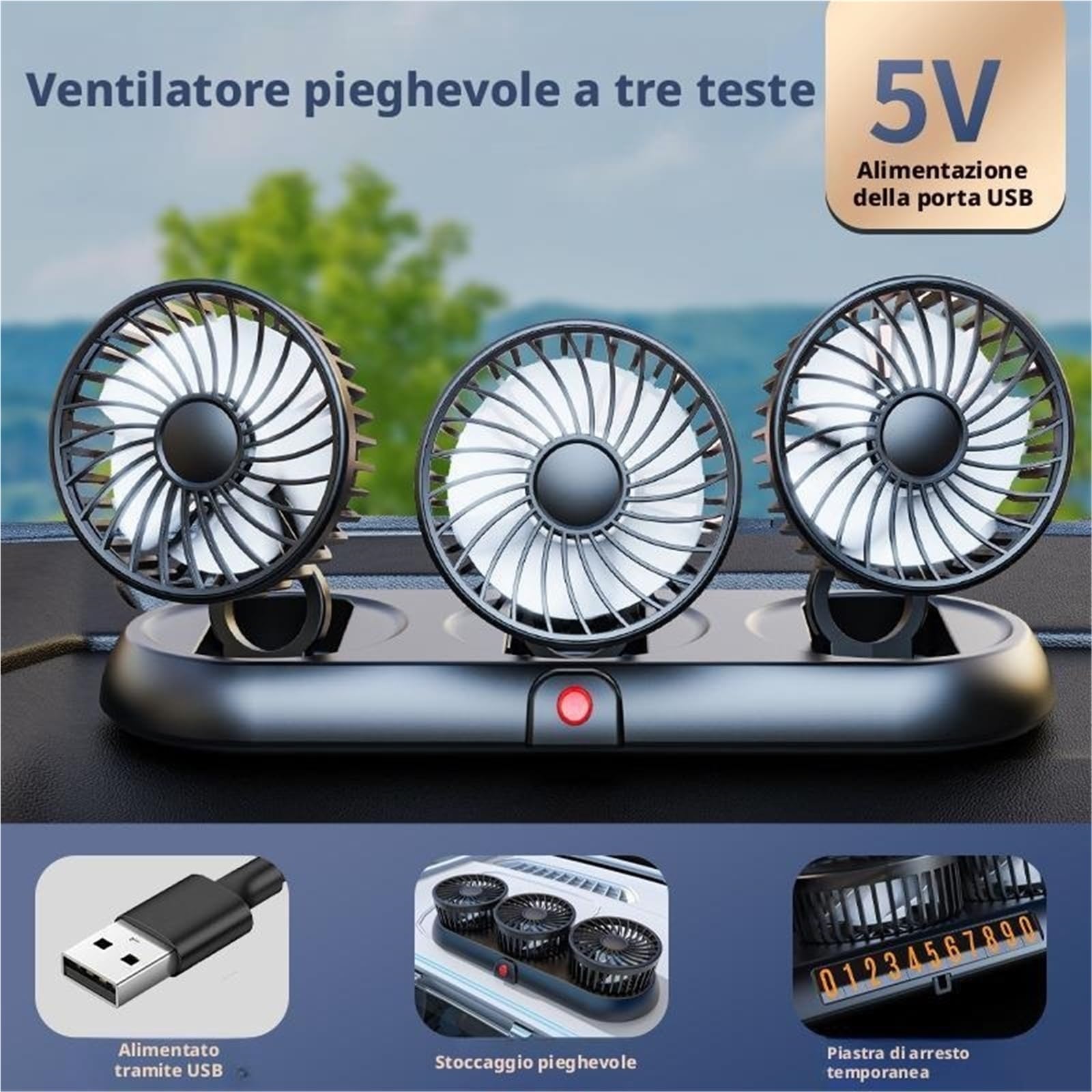 Ventilatore Pieghevole Per Auto Volodya A 3 Teste - 3 Velocità Regolabili, USB 5V/accendisigari 12V/24V, Raffreddamento ABS A Basso Rumore Per Camion/scrivanie Da Ufficio(Black white (USB/5v))