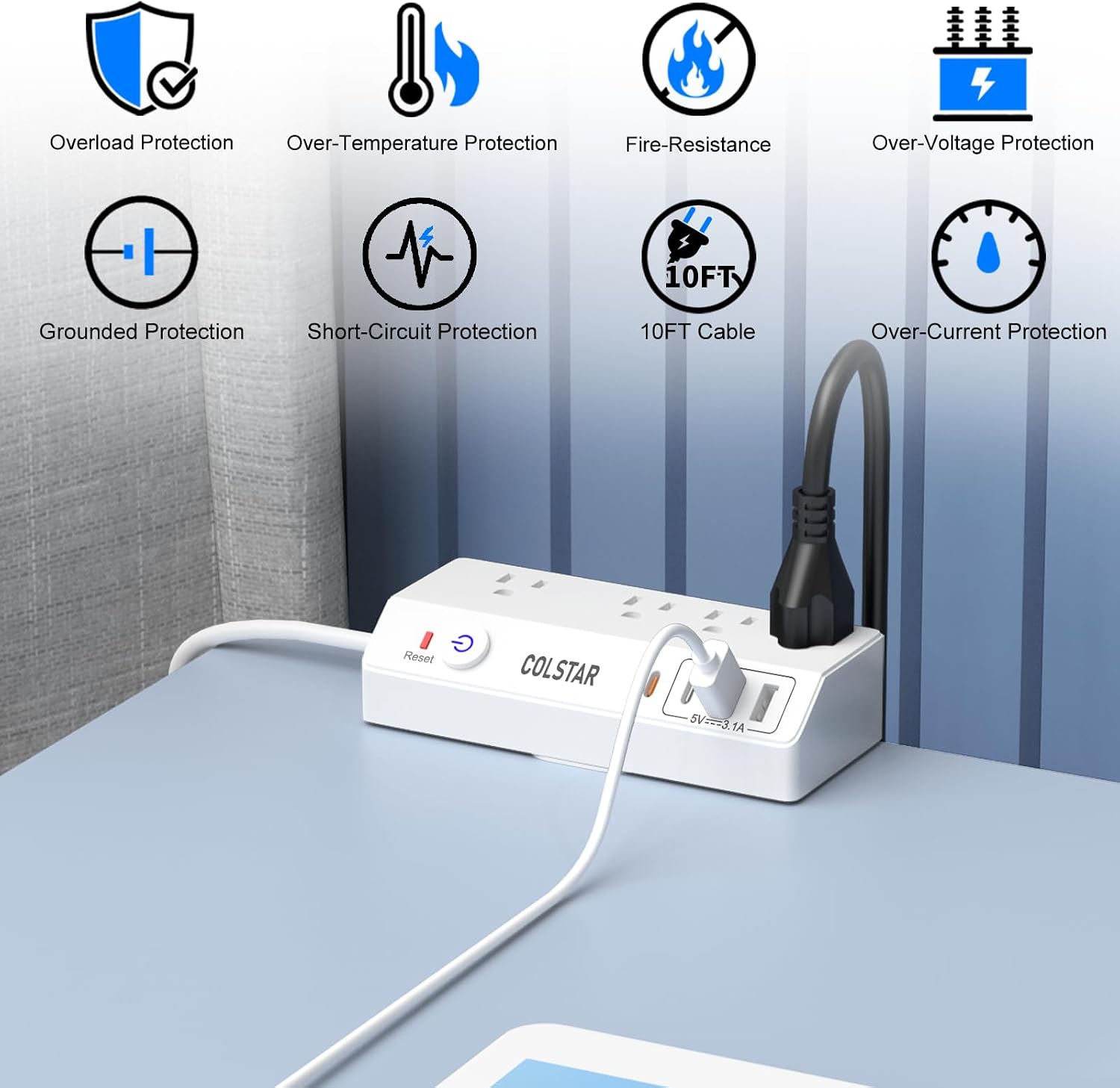 Desk Clamp Power Strip with USB, 20W USB C Fast Charging, Clamps Securely to Desk Edge, Flat Plug & 10FT Extension Cord for Office Home