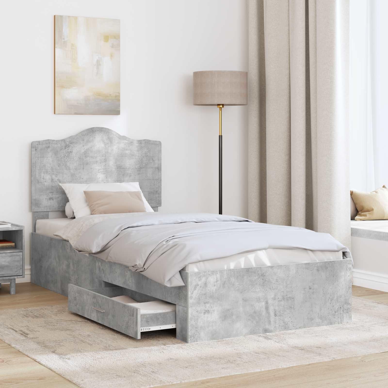 Nowoczesna rama do przechowywania z zagłówkiem, betonowy materiał z szarego drewna, 75 x 190 cm, pojedynczy rozmiar, maksymalna przestrzeń z 2 drawerami, trwała platforma do sypialni