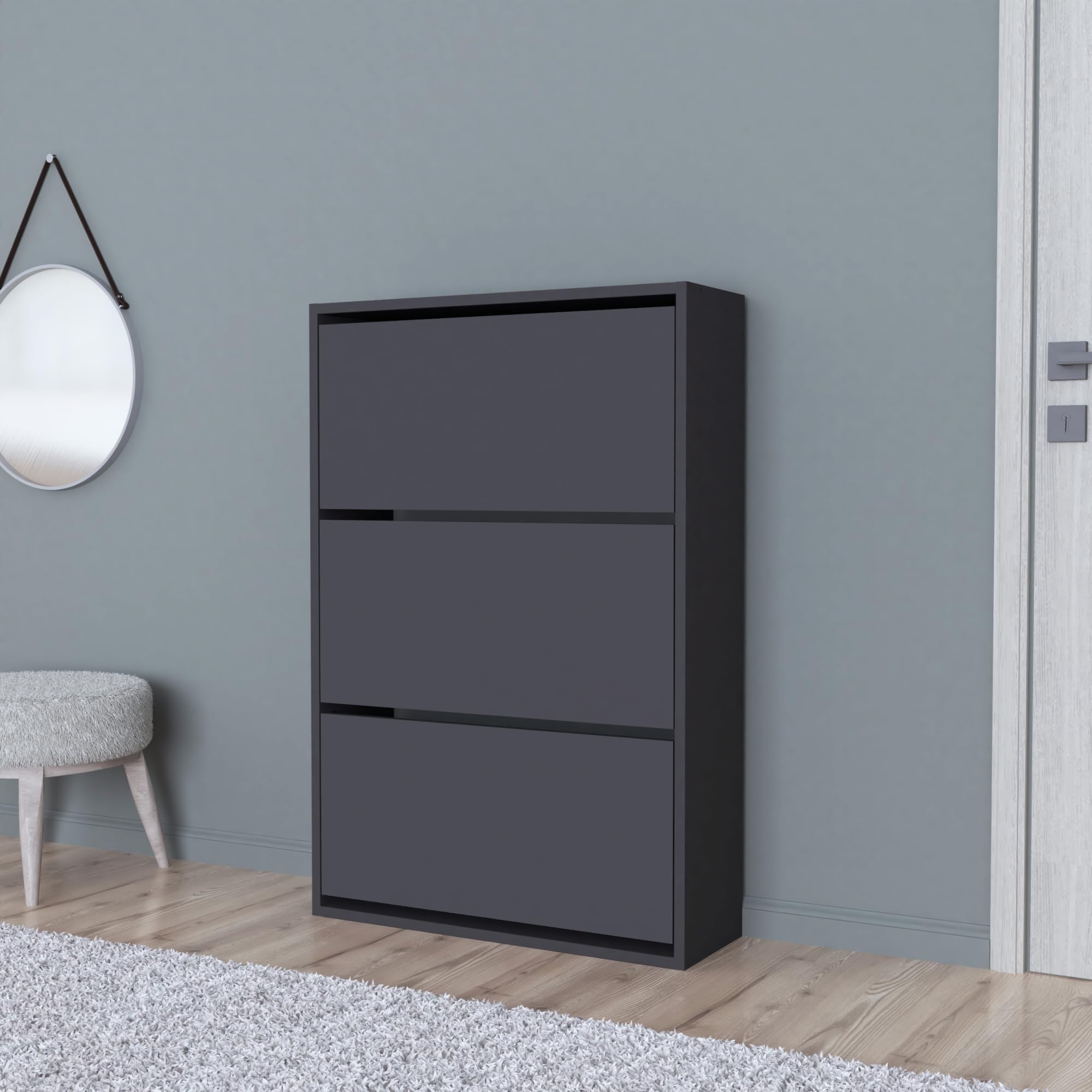 [en.casa] Schuhschrank Aurskog Schuhkipper für 18 Paare Schuhkommode mit 3 Kipptüren für Eingang, Flur 110 x 73,5 x 24 cm Anthrazit