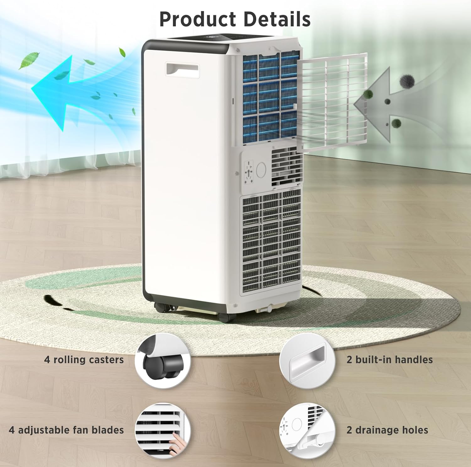 Detailed view of the ZAFRO Portable Air Conditioner showing 4 rolling casters, 2 built-in handles, 4 adjustable fan blades, and 2 drainage holes.