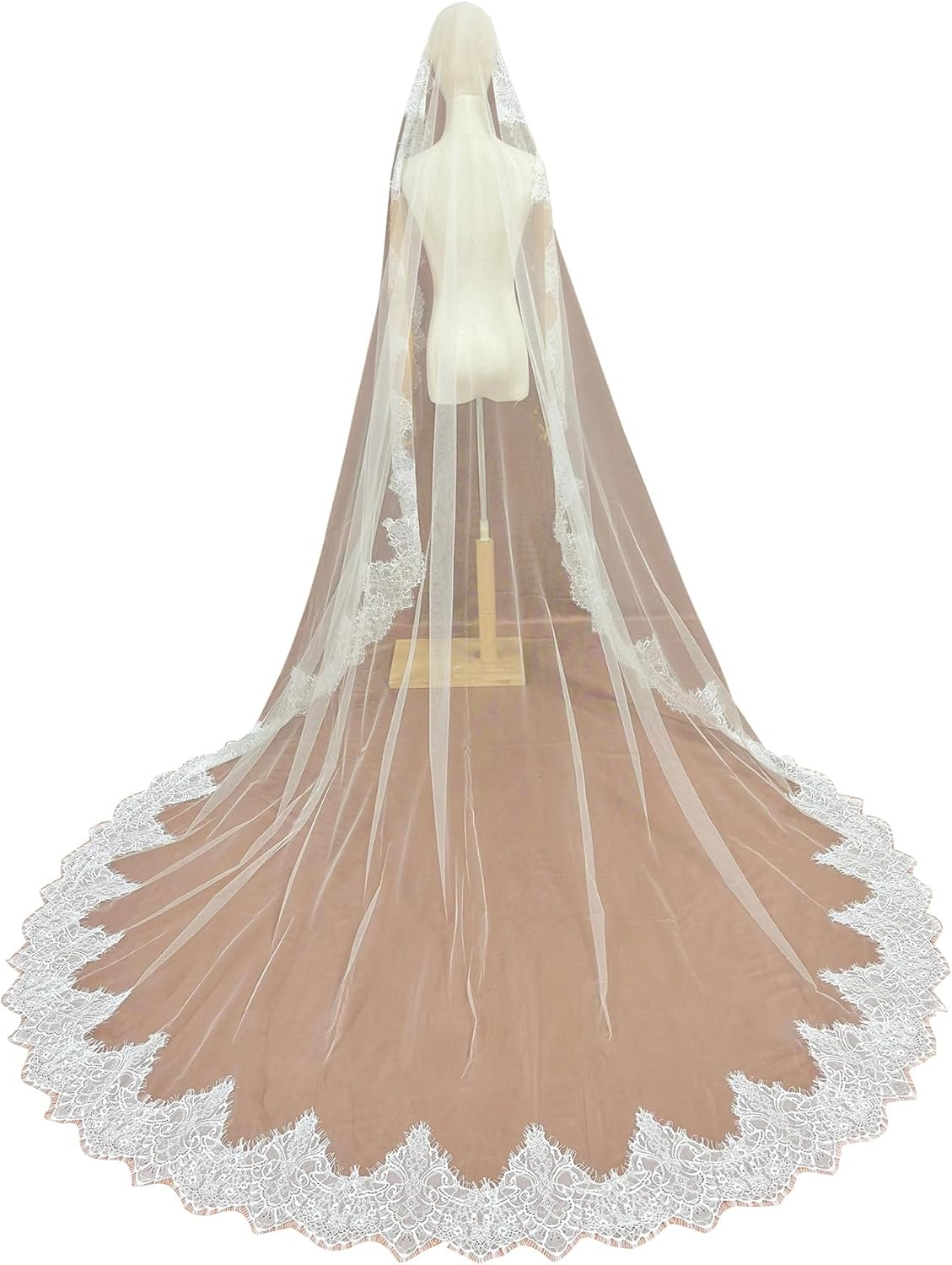 Cathedral Length Floral Lace 1 Tier Wedding Bridal Veil with Comb for Bride Ivory