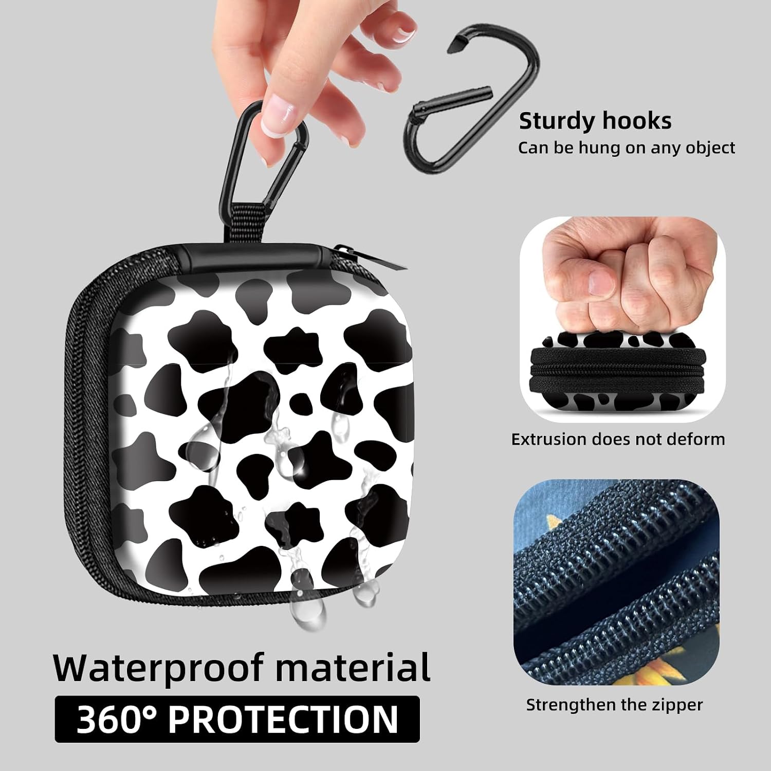 Square Data Cable Earbud Charger Coin Storage Bag Shockproof and Drop-Proof EVA Material Compatible with AirPod(Black White Cowhide) image 3