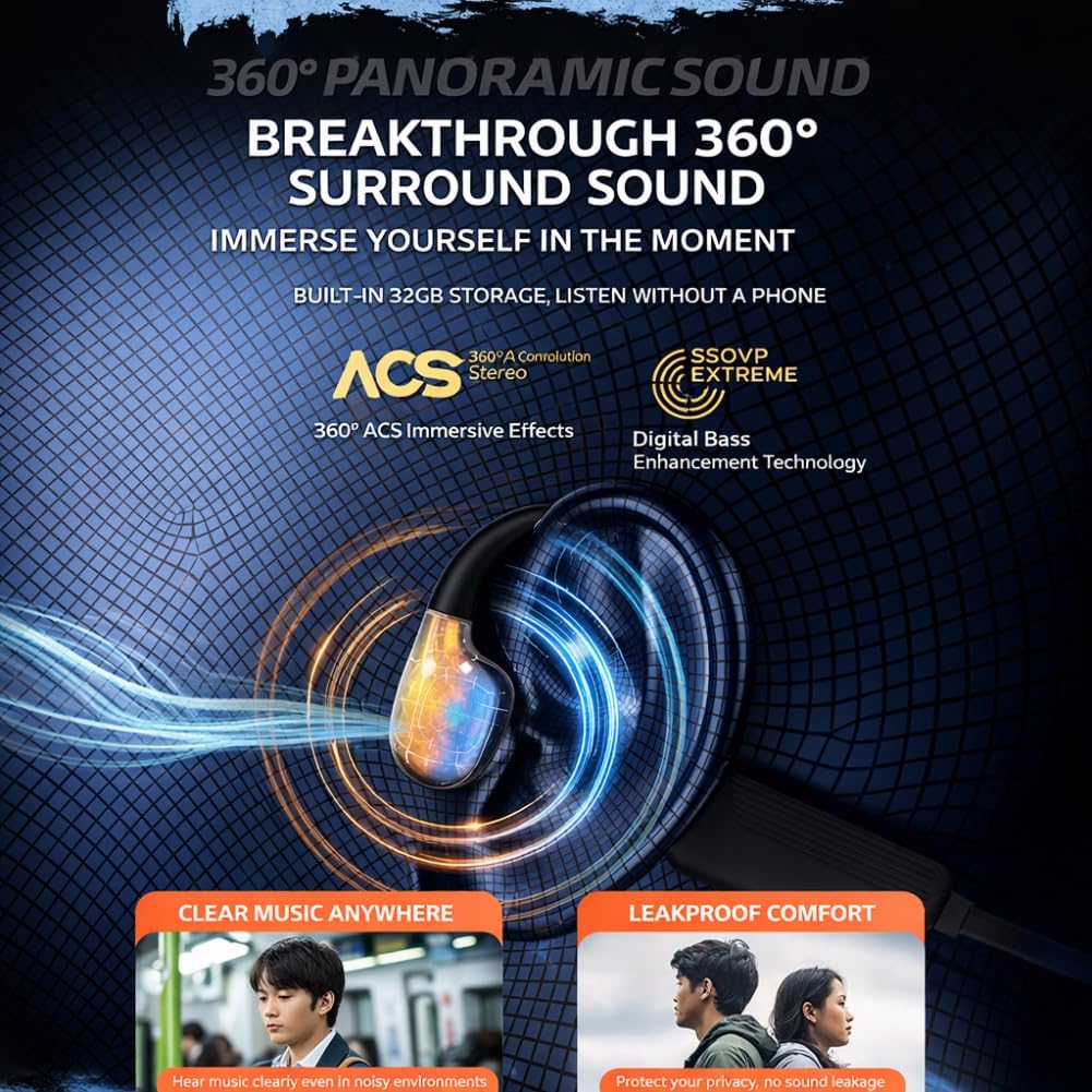 Bone Conduction Headphones, Sports Earbuds with Noise Cancellation, 8H Battery,IPX8 for All Kinds of Sports Situations