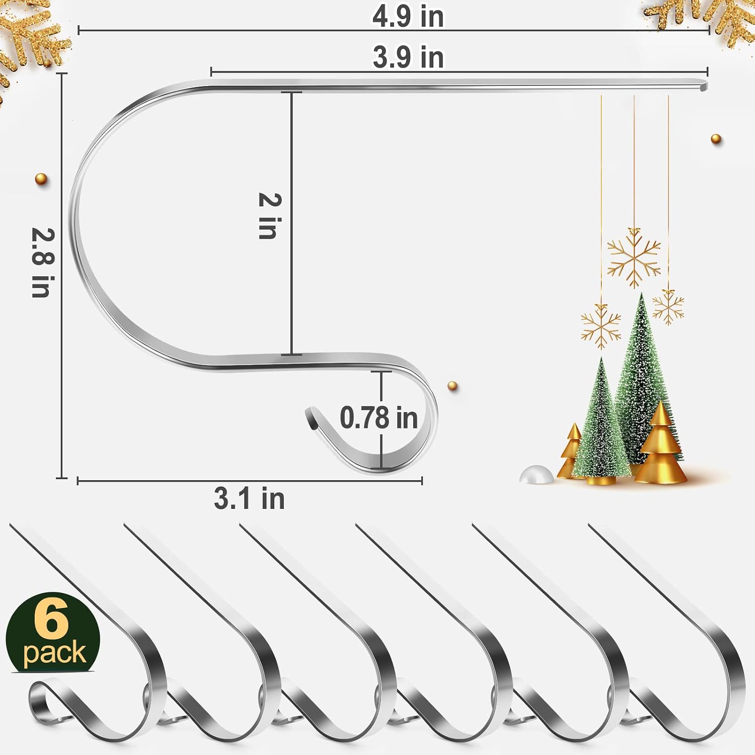 6 Pack Christmas Stocking Holders, Adjustable Stocking Mantle Hooks for Fireplace, Lightweight Stocking Hangers, Non-Skid Stocking Holders for Christmas Decoration (Silver)