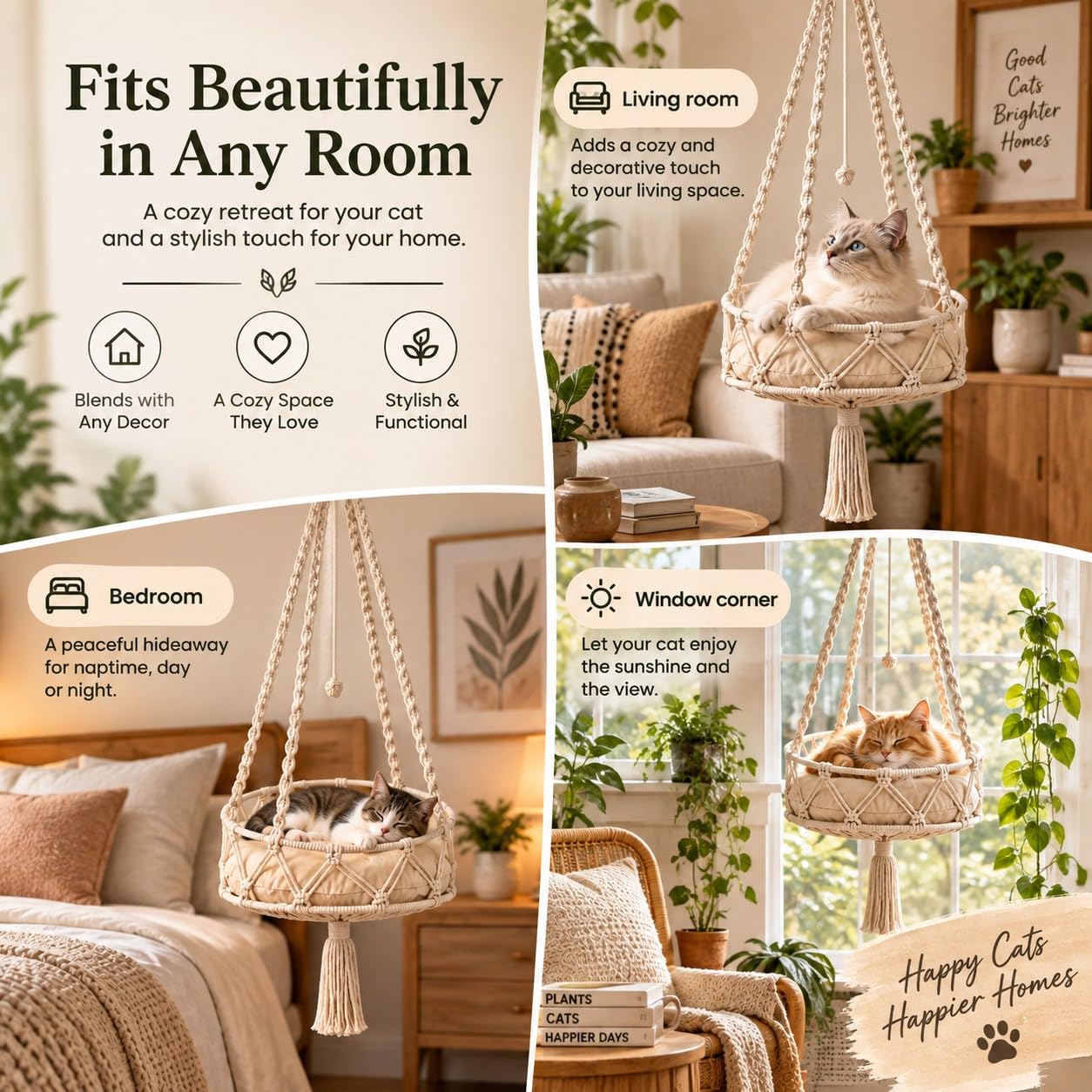 Hamaca para gatos Boho con cojín extraíble, beige-B-L: 50 cm