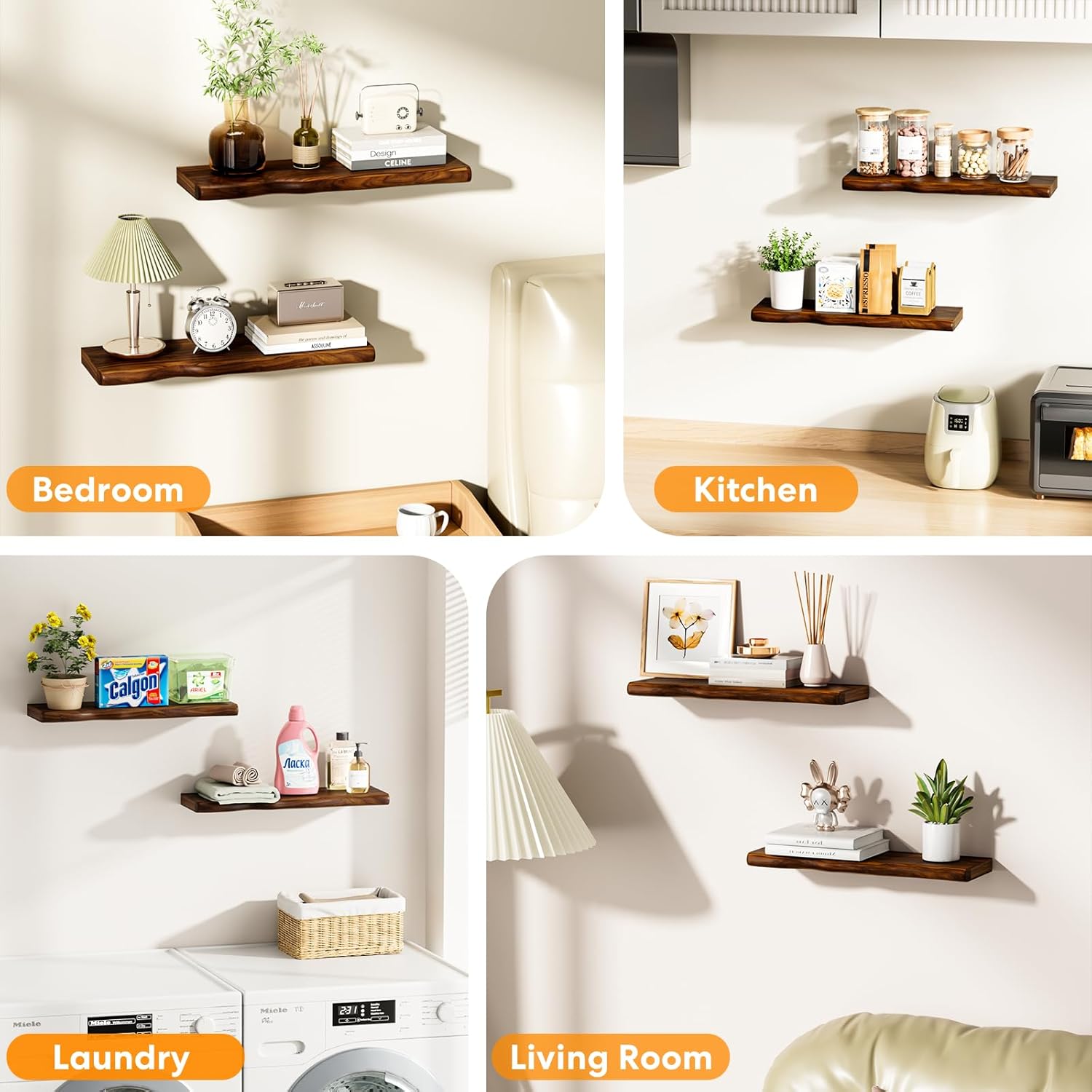 Floating Shelves for Wall Rustic Farmhouse 24 Inch Floating Shelf Bathroom Wooden Shelves for Wall Mounted Live Edge Pine Wall Shelf with Unique Natural Grain for Living Room Bedroom Kitchen (Walnut)