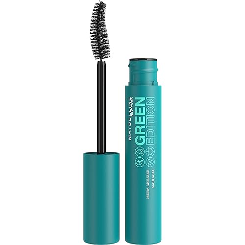 Maybelline Green Edition Mega Mousse Mascara Maquillaje, volumen suave y ligero, formulado con manteca de karité, muy negro, 1 unidad