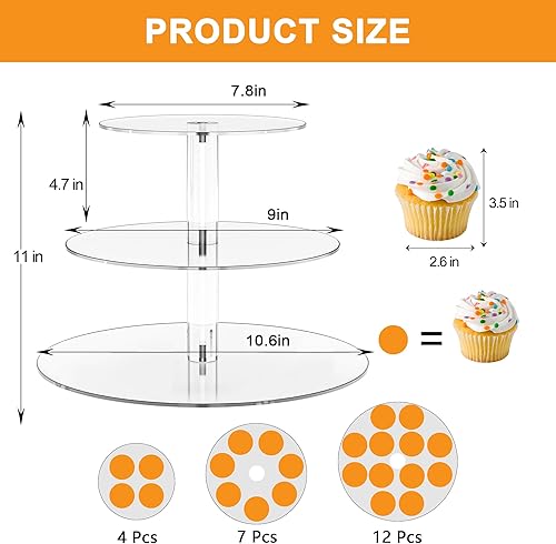 Miniatura 5 de Soporte acrílico para cupcakes, soporte transparente de exhibición de postres con base para bodas, fiestas, baby shower, reuniones, 3 niveles