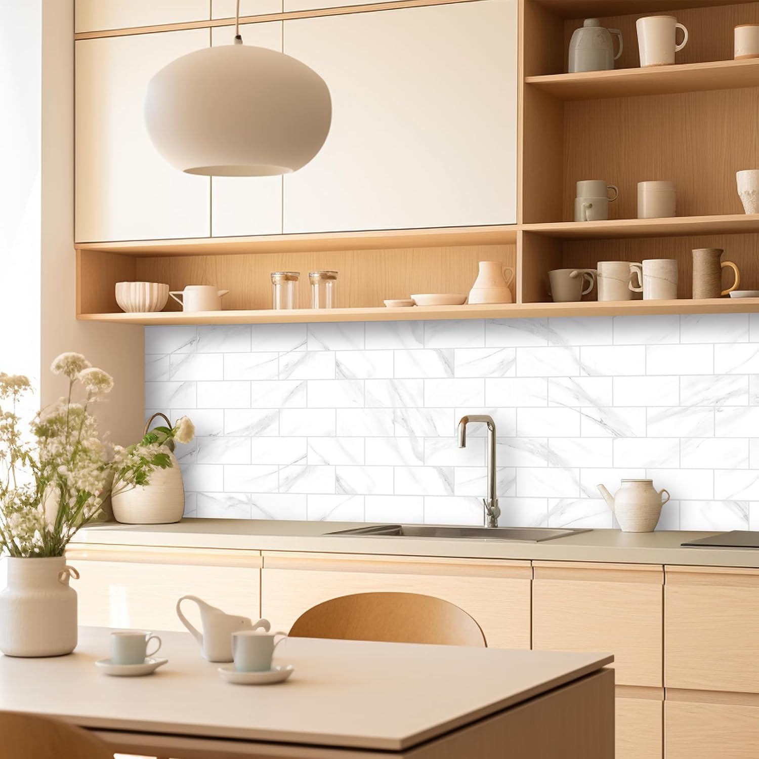 6-Sheet Peel and Stick Backsplash Tile, 12”x12” Self-Adhesive Waterproof Subway Tile, Glossy Carrara White Faux Marble Tile for Kitchen, Bathroom, Fireplace