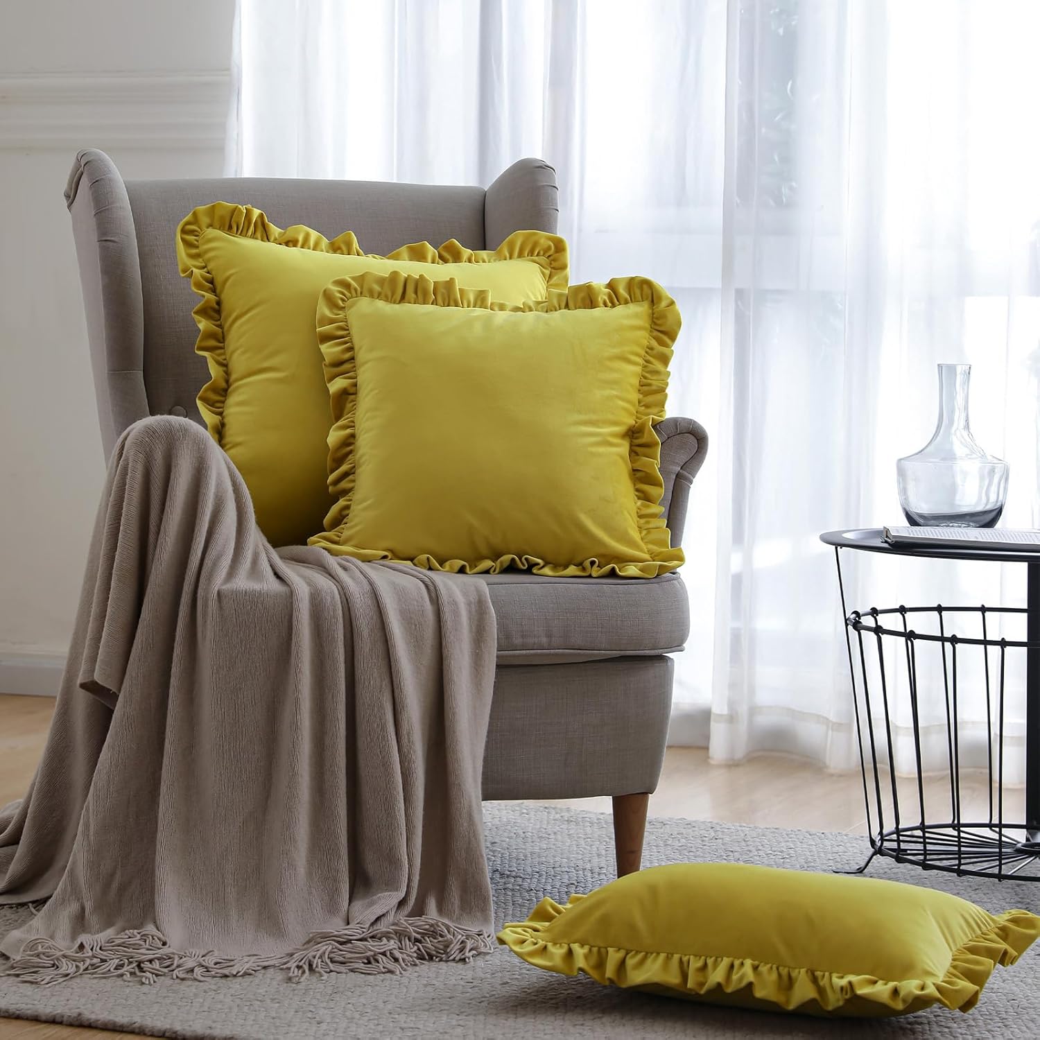 ISAENNE Vintage Lemon Yellow Square Throw Pillow Covers 22"x22" Set of 2, Solid Color Farmhouse Velvet Decoration Pillow Cover with Ruffles,Throw Pillow Case for Couch Sofa Bed Living Room Car