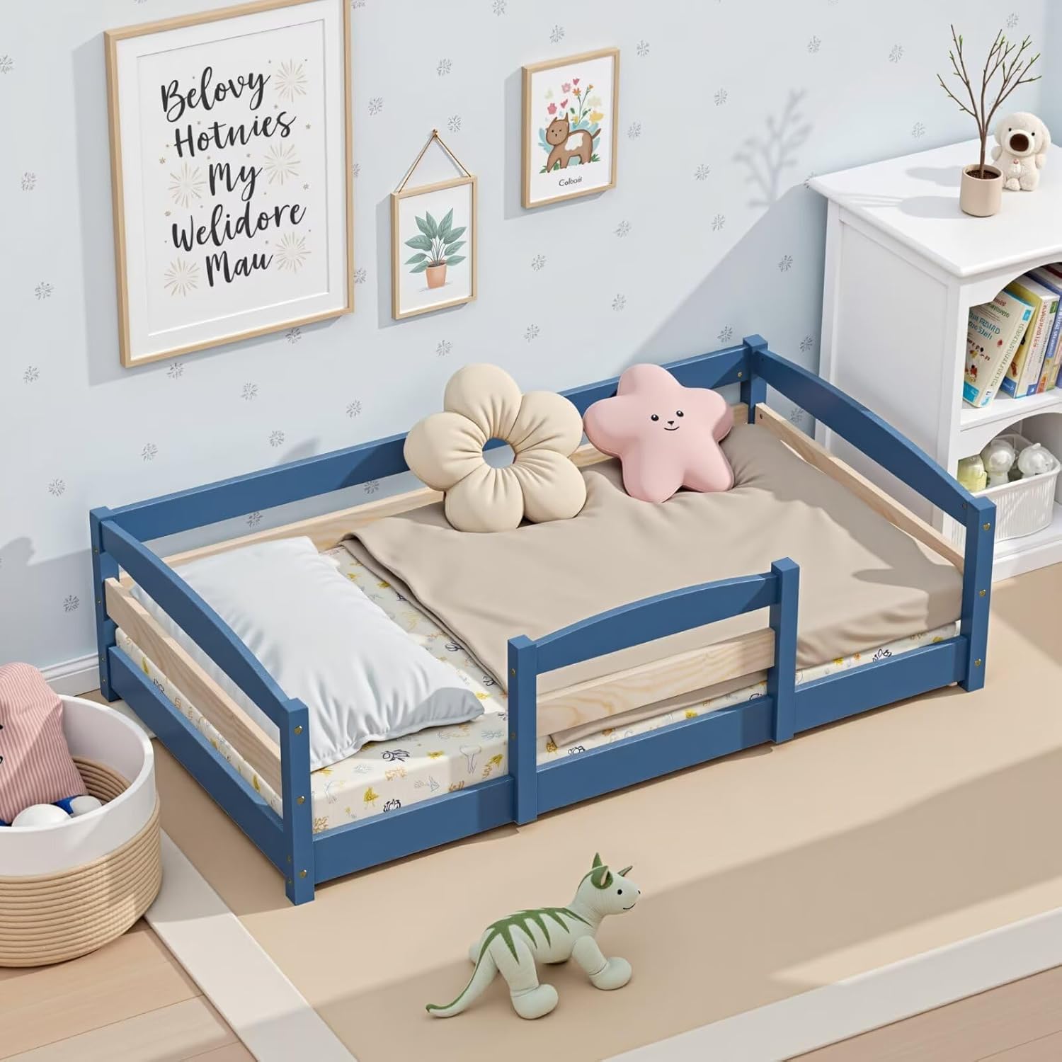 Standard Crib Size Toddler Bed, Wooden Low Montessori Floor Bed Frame with 2 Enters and Safe Guardrails for Boys and Girls, Mist Blue