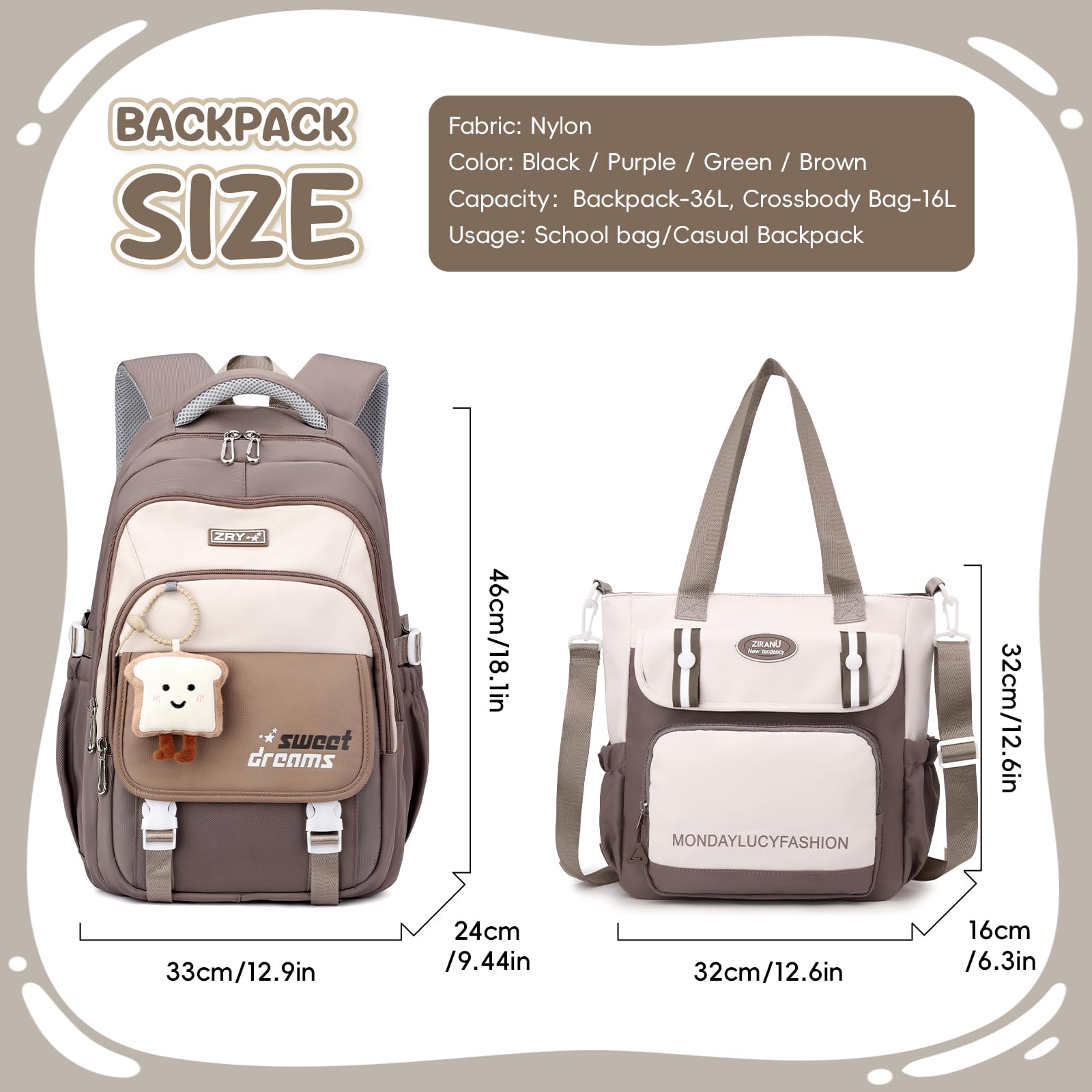Amythe Schulrucksack Mädchen 36L Schultasche Set mit Umhängetasche, Schulranzen für 3. bis 7. Klasse, Braun
