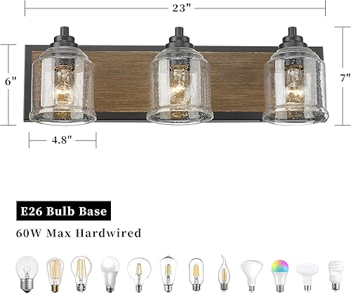 Miniatura 2 de Vanity Lights for Bathroom Large 23", Farmhouse Rustic Vanity Light with Bubble Glass Shades, Brown 3 Light Bathroom Lighting Fixtures Over Mirror,