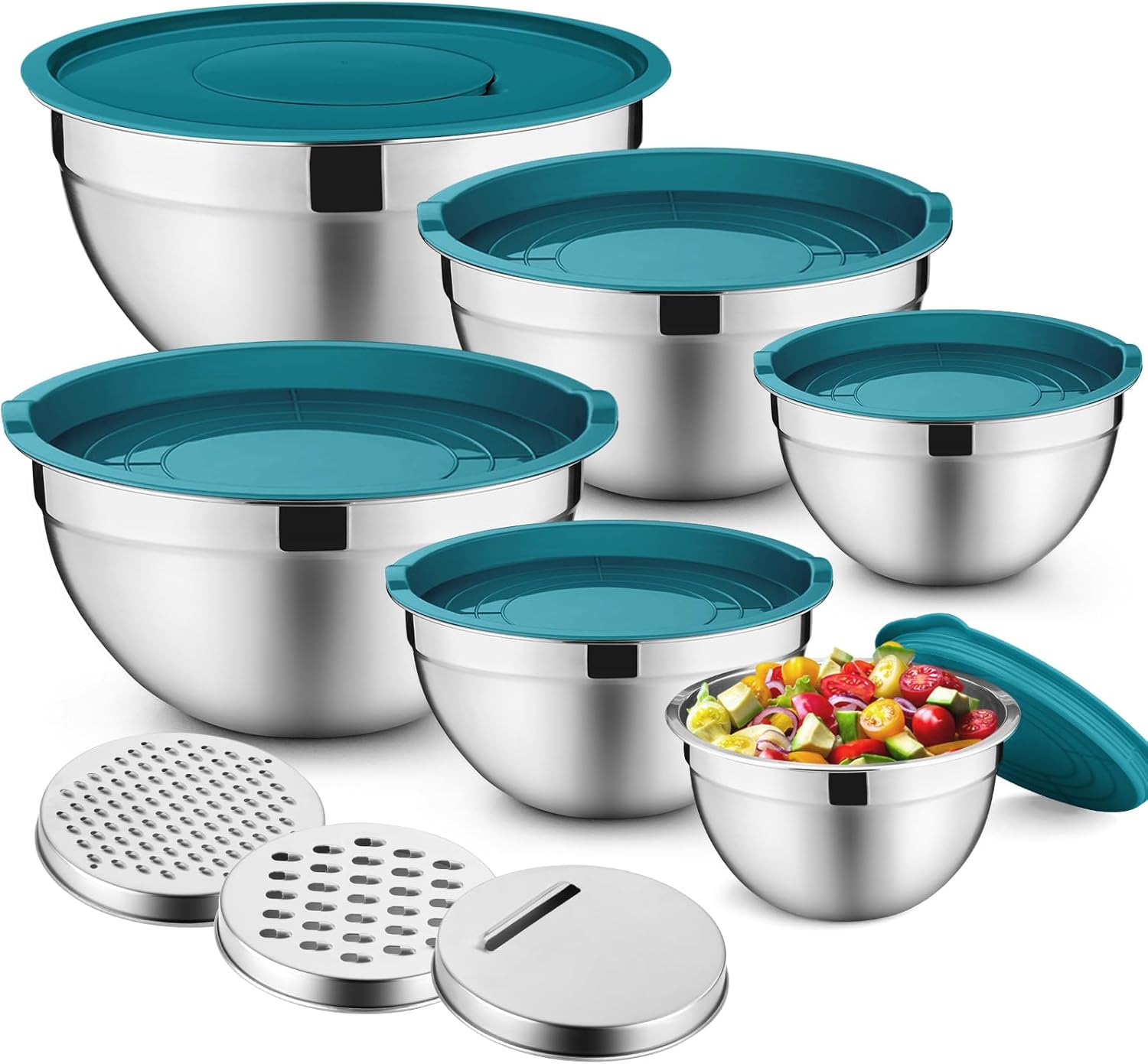 P&P CHEF Mixing Bowls with Lids Set of 6, Stainless Steel Nesting Salad Bowl & 3 Grater Attachments for Prepping Storing, 4.6/2.6/2/1.5/1/0.7 QT, Khaki