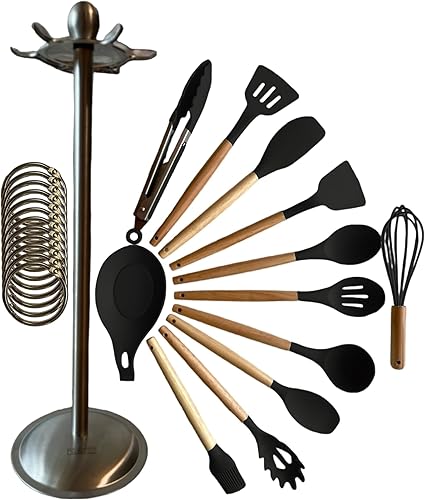 Juego de utensilios de cocina de silicona de 12 piezas con soporte giratorio y soporte para cuchara (negro)