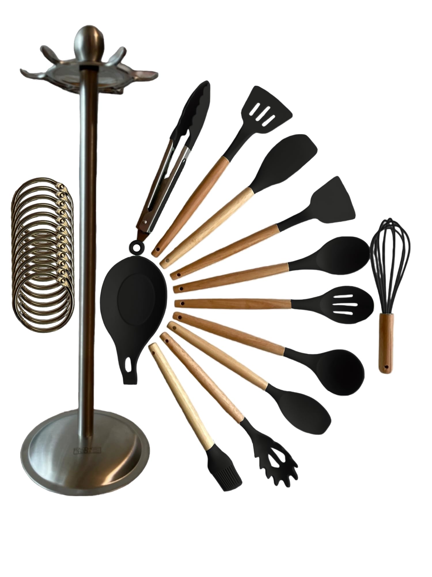 KALOR TECH 12 Piece Silicone Kitchen Utensils Set With Rotating Stand and Spoon Rest (Black)