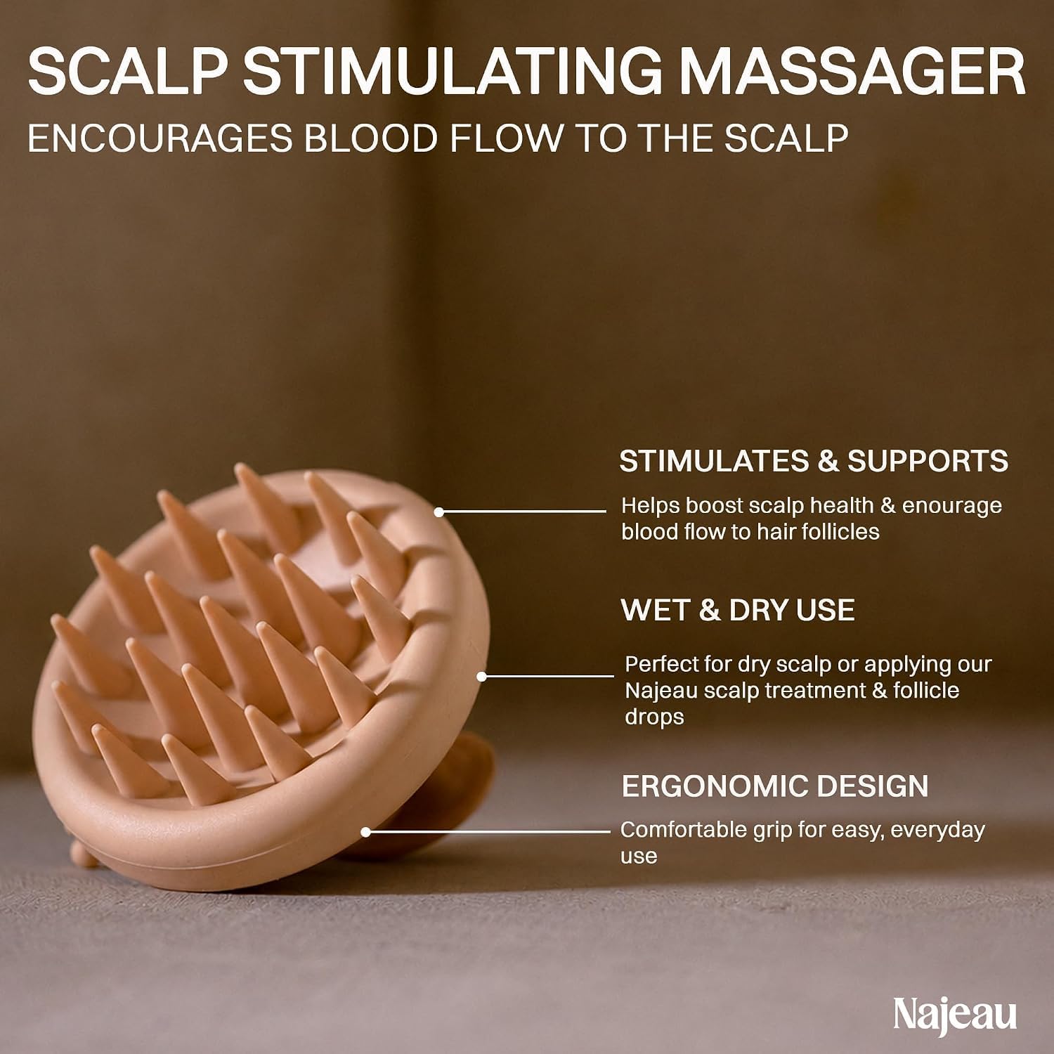 NAJEAU Handheld Scalp Stimulating Massager - Increases Scalp Circulation to Encourage Hair Growth, Enhances Product Absorption, Boosts Scalp Health, Exfoliates, Use Wet or Dry