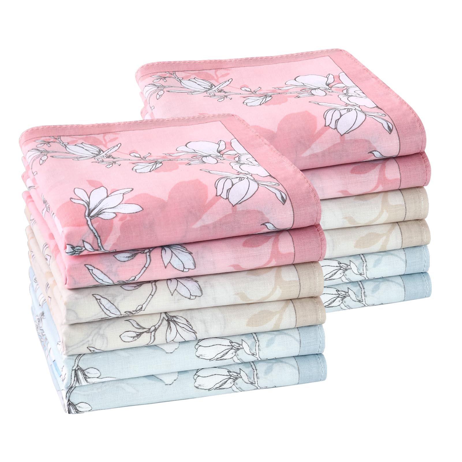 HOULIFE Mouchoir Tissu - Mouchoirs en Tissu Femme, Grands Mouchoirs Tissus en Pur Coton Peigné Motif Fleur Doux pour Mariage Usage Quotidien, Lot de 6/12 Pièces, 45x45cm, Fleur 1