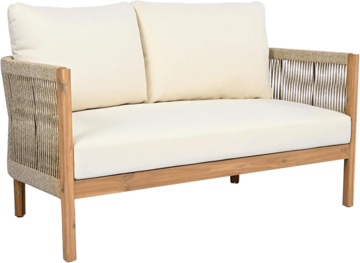 Christopher Knight Home Havets 5 Pieces Outdoor Acacia Furniture Set, Woven Rope Loveseat and Accent Club Chairs, 6" Thick Cushions Sofa and Coffee Table Set for Backyard Garden Balcony, Teak+Beige