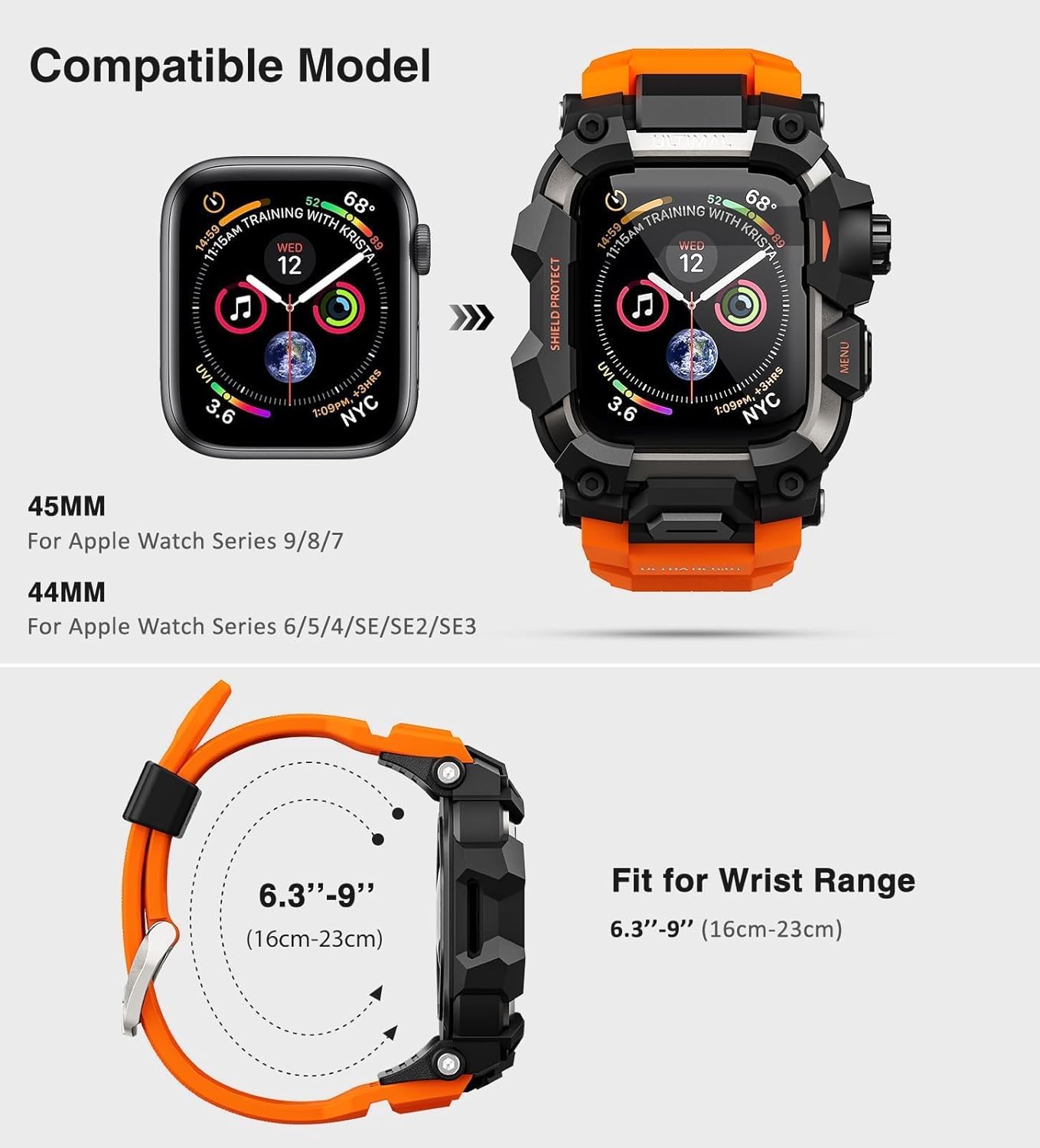 ULTIMAL Rugged Case with Band for Apple Watch 44mm,Compatible with Apple Watch Series SE 3/SE 2/SE Generation/6/5/4, Military Grade Shockproof Bumper Cover for iWatch Tactical Band Men (Orange, 44mm) - Image 2