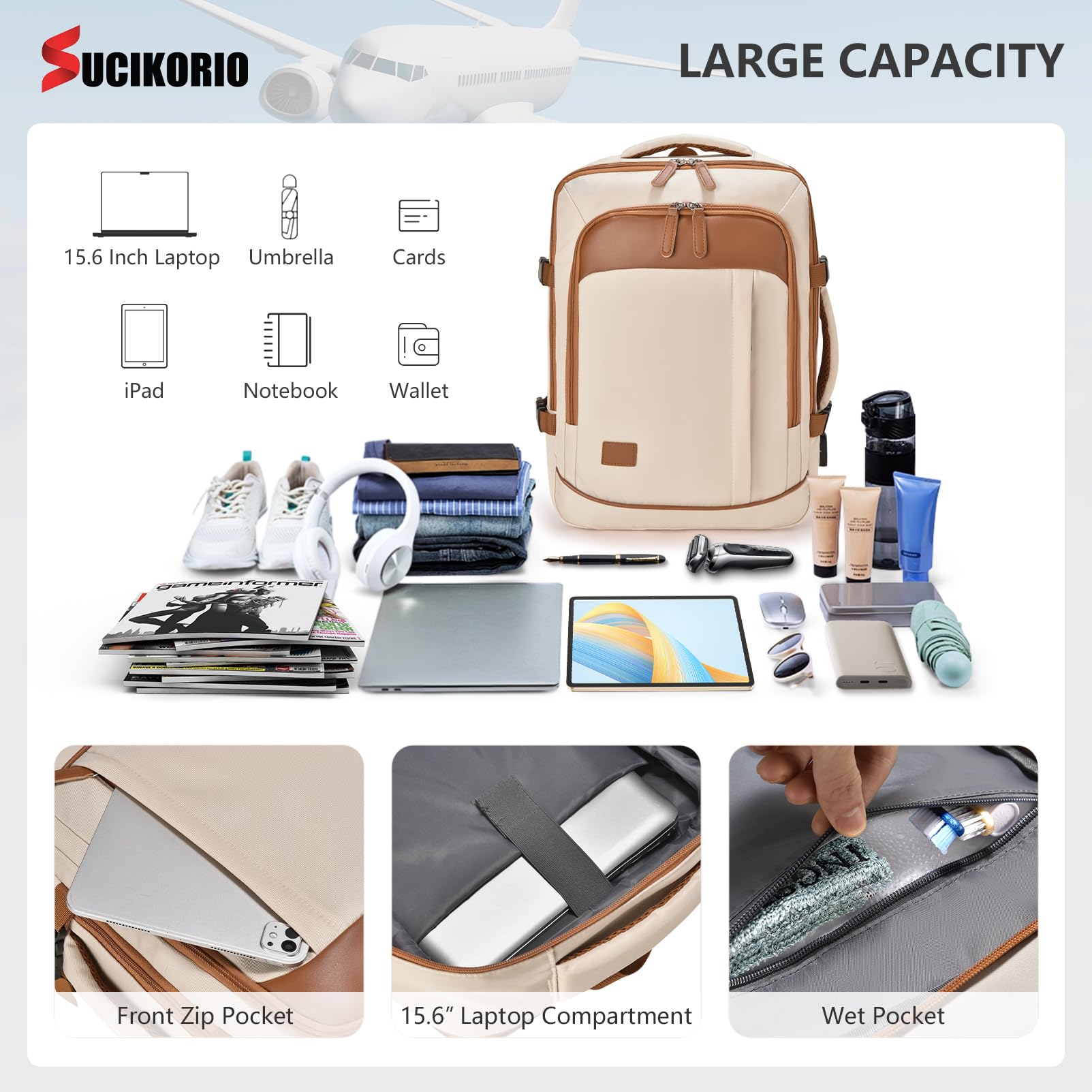 40x30x10cm Lufthansa KLM Expansible 5cm 40x30x15cm British Airways Air France Mochila Viaje Cabina Avion, Impermeable Mochilas Equipaje de Mano Mochila Ordenador Portatil 15,6 Pulgadas