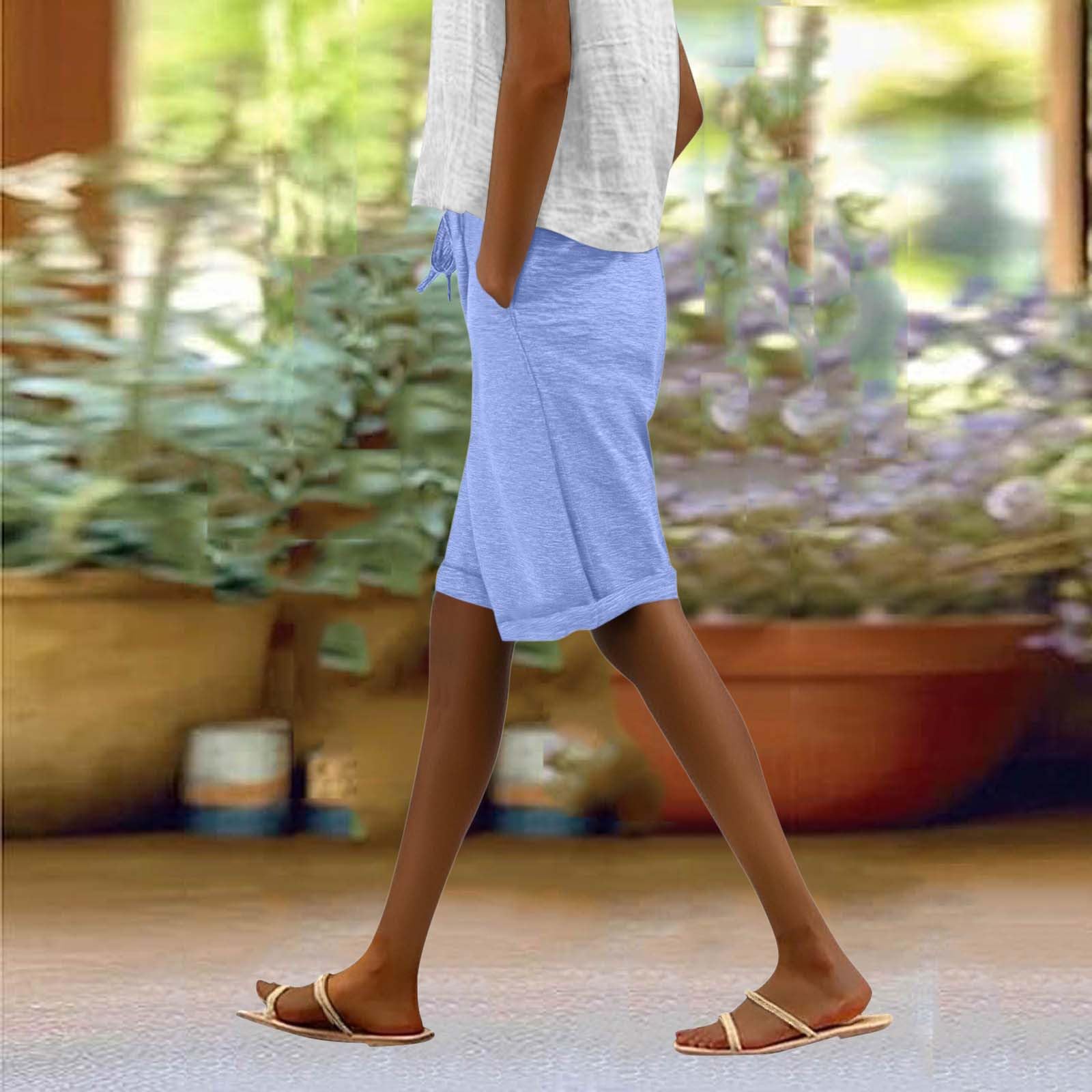 Bermuda Shorts for Women Casual High Waist Knee Length Short Pants 2025 Summer Workout Beach Shorts with Pockets(Light Blue,Small)