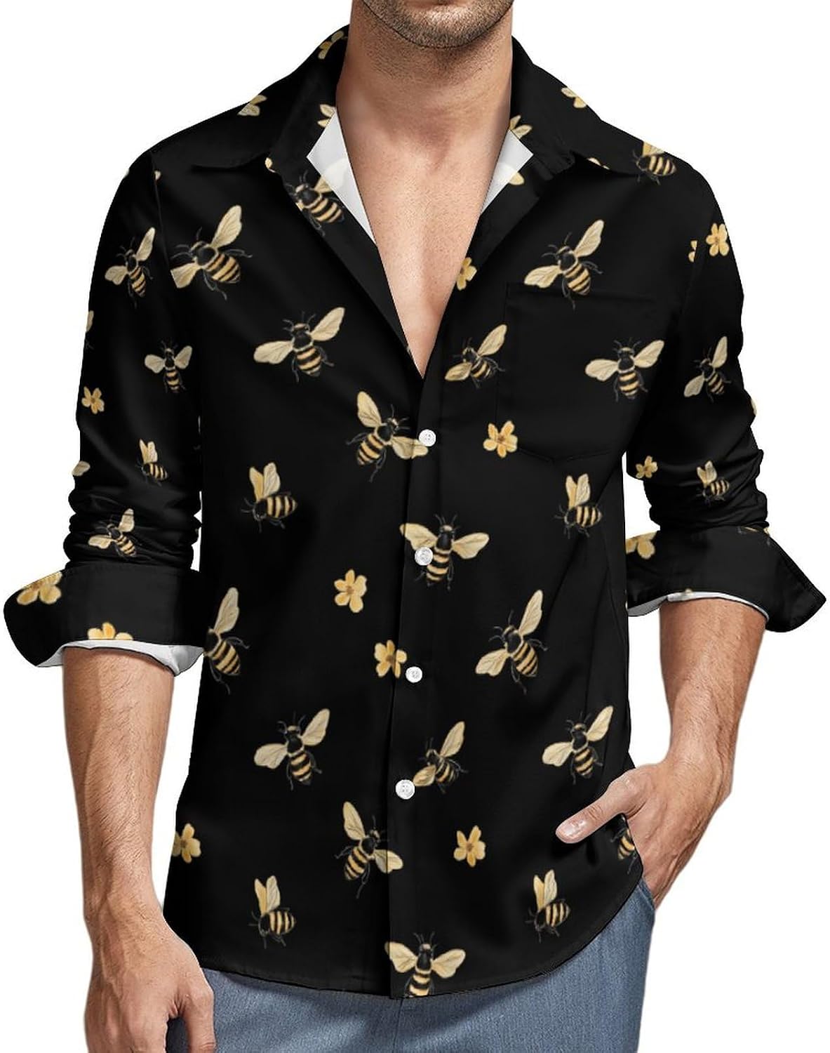 Flower Bee Long Sleeve Shirts Casual Dress Shirt Button-down T-shirts for Men