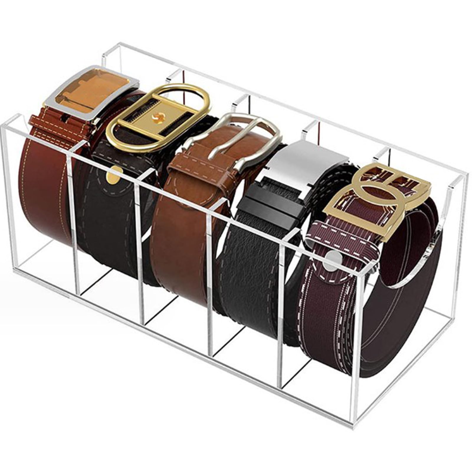 Foribyw Belt Organizer Acrylic 5 Grid Belt Storage Box Transparent Tie Container Holder Belt Display Case for Tie Cosmetics Underwear Wallet Watch Accessories