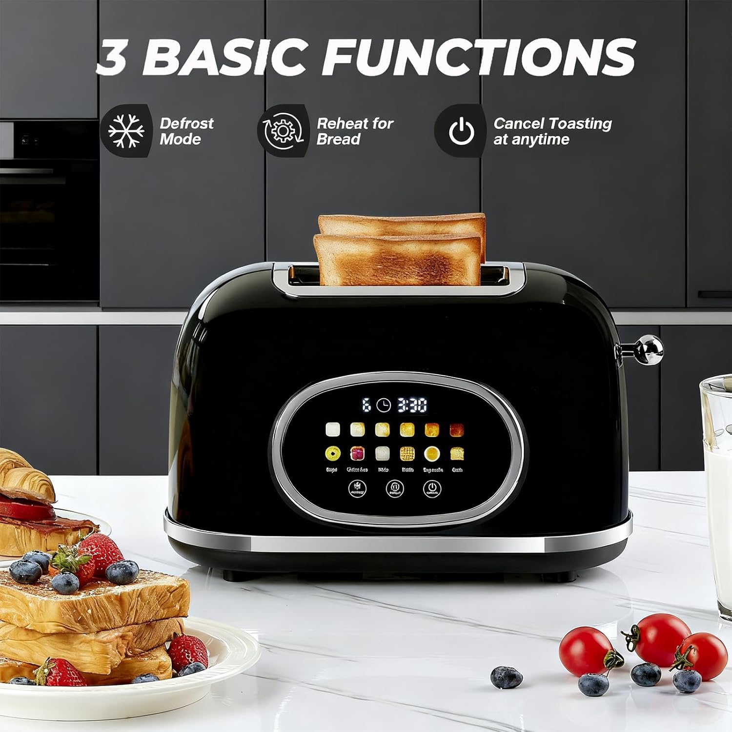Roter Mond 2 Slice Toaster Smart Touch Screen, Retro Stainless Steel Bread Toaster with Digital Timer, Sleep Mode, Bagel, Cancel, and Defrost Functions, 6 Bread Types and Shade Settings, Black