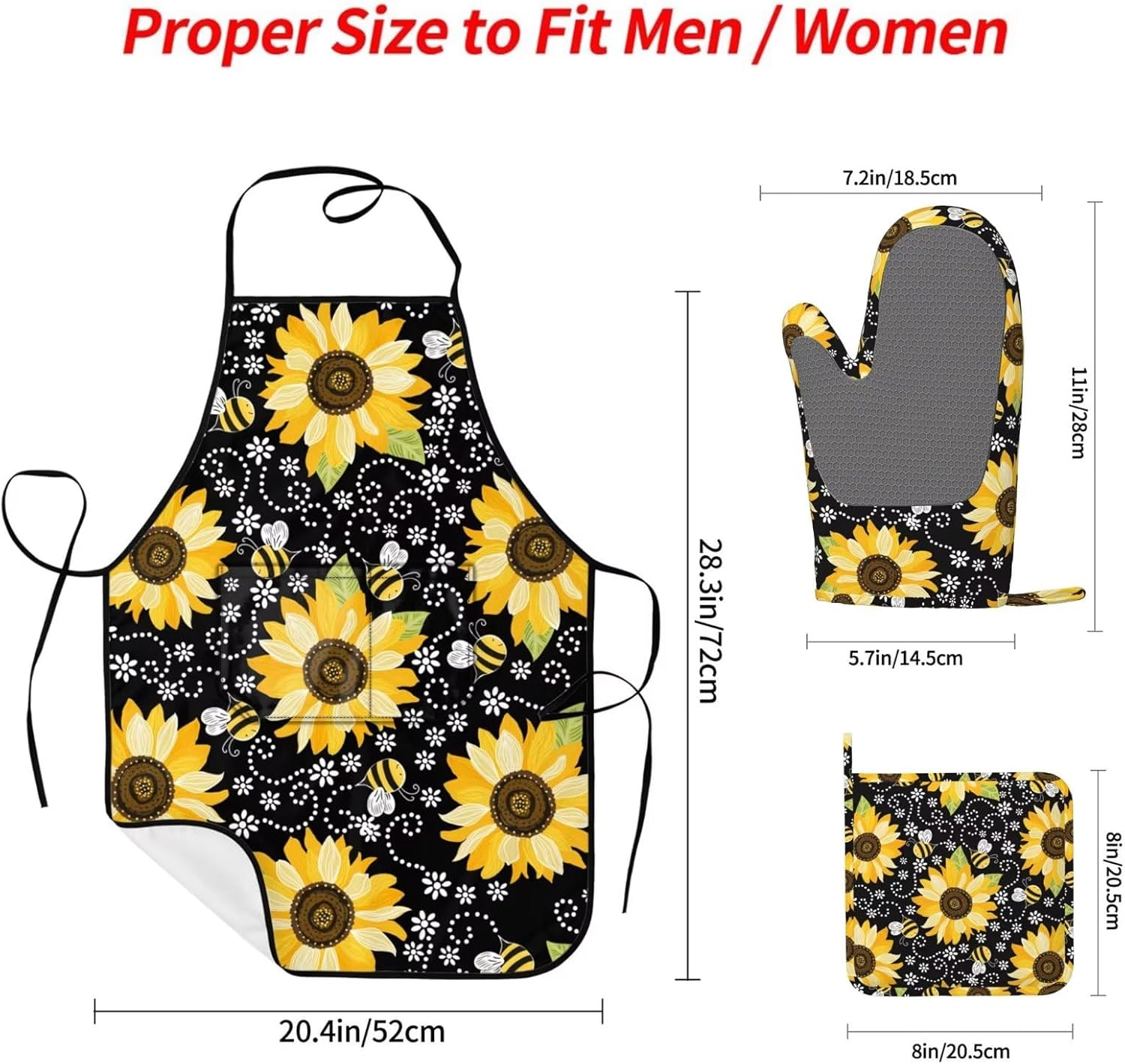 Sunflower Bees Oven Mitts and Pot Holders with Apron Set of 5 Silicone Sunflowers Kitchen Mitten Gloves and Non-Slip Potholders Cooking Apron Set Heat Resistant Oven Gloves Hot Pads for BBQ - Image 2