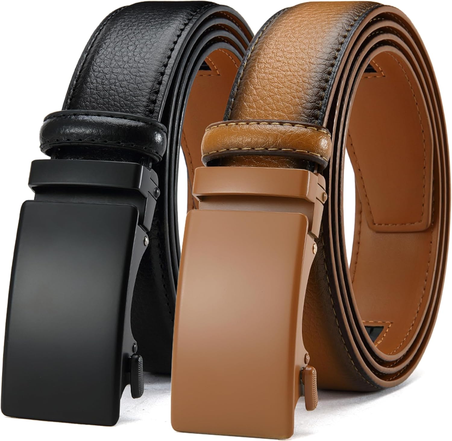 DOOPAI Men's Leather Ratchet Belts 2 Pack Adjustable Click Belt Set for Dress & Casual, Custom Fit 1 3/8" (35mm) -Trim to Fit